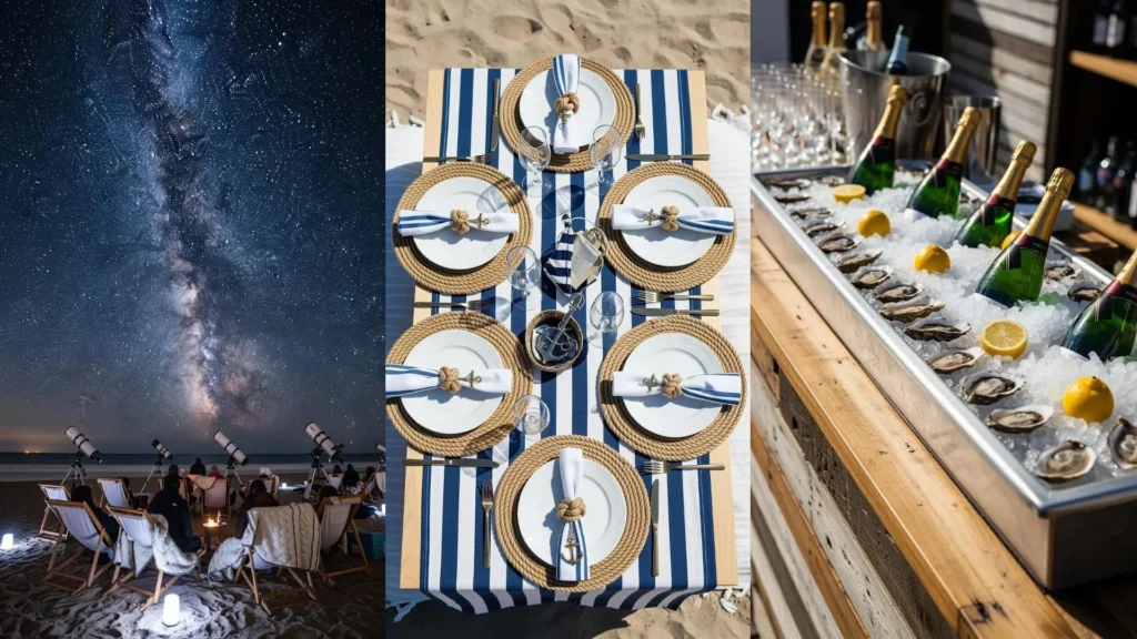 Festa in spiaggia: tavola nautica, champagne con ostriche e stelle cadenti. Un compleanno da sogno con onde e conchiglie.