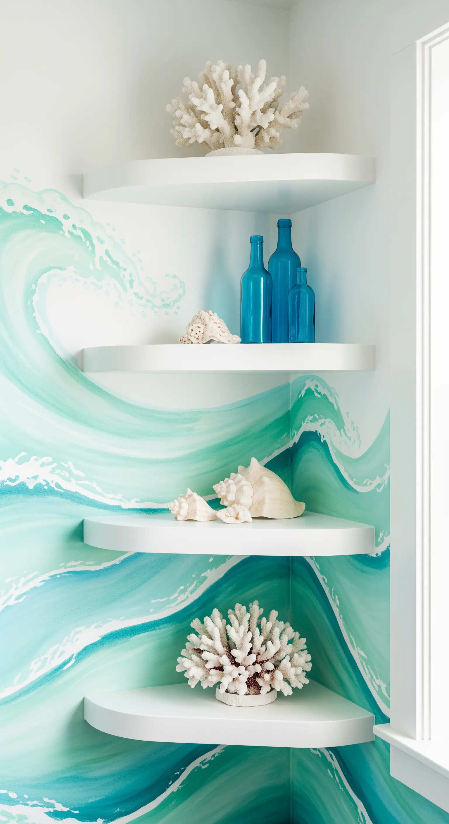 Mensole angolari bianche su una parete con un'onda dipinta in toni turchesi.