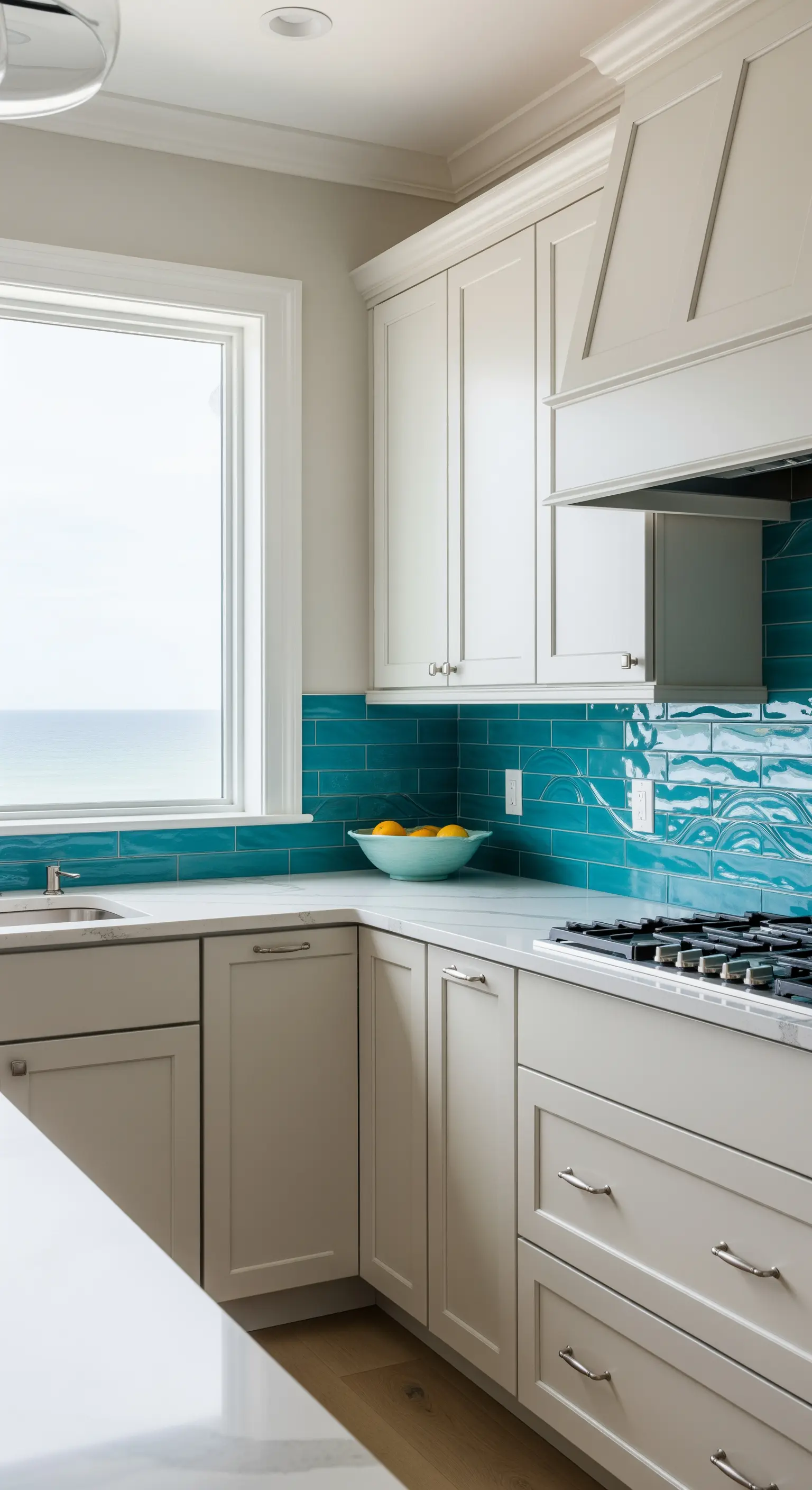 Cucina moderna con paraschizzi in piastrelle turchesi lucide e ondulate.