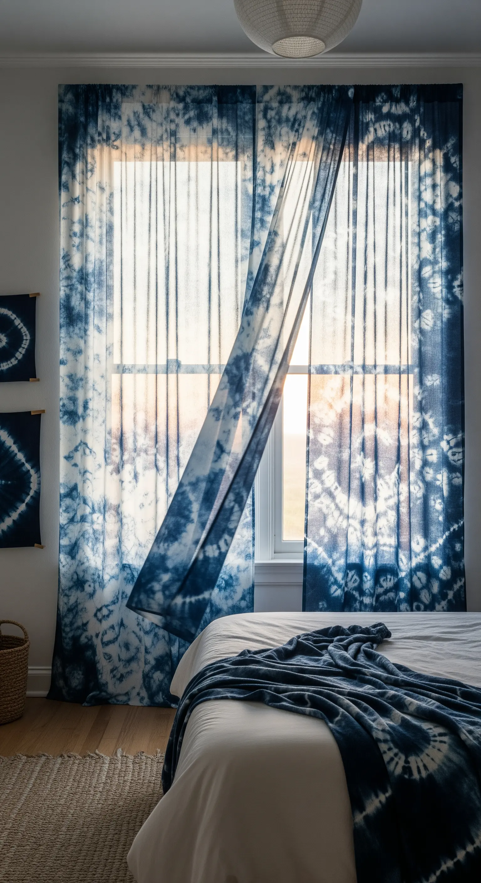 Tende in tessuto leggero blu con effetto tie-dye shibori che fluttuano al vento in una camera da letto.