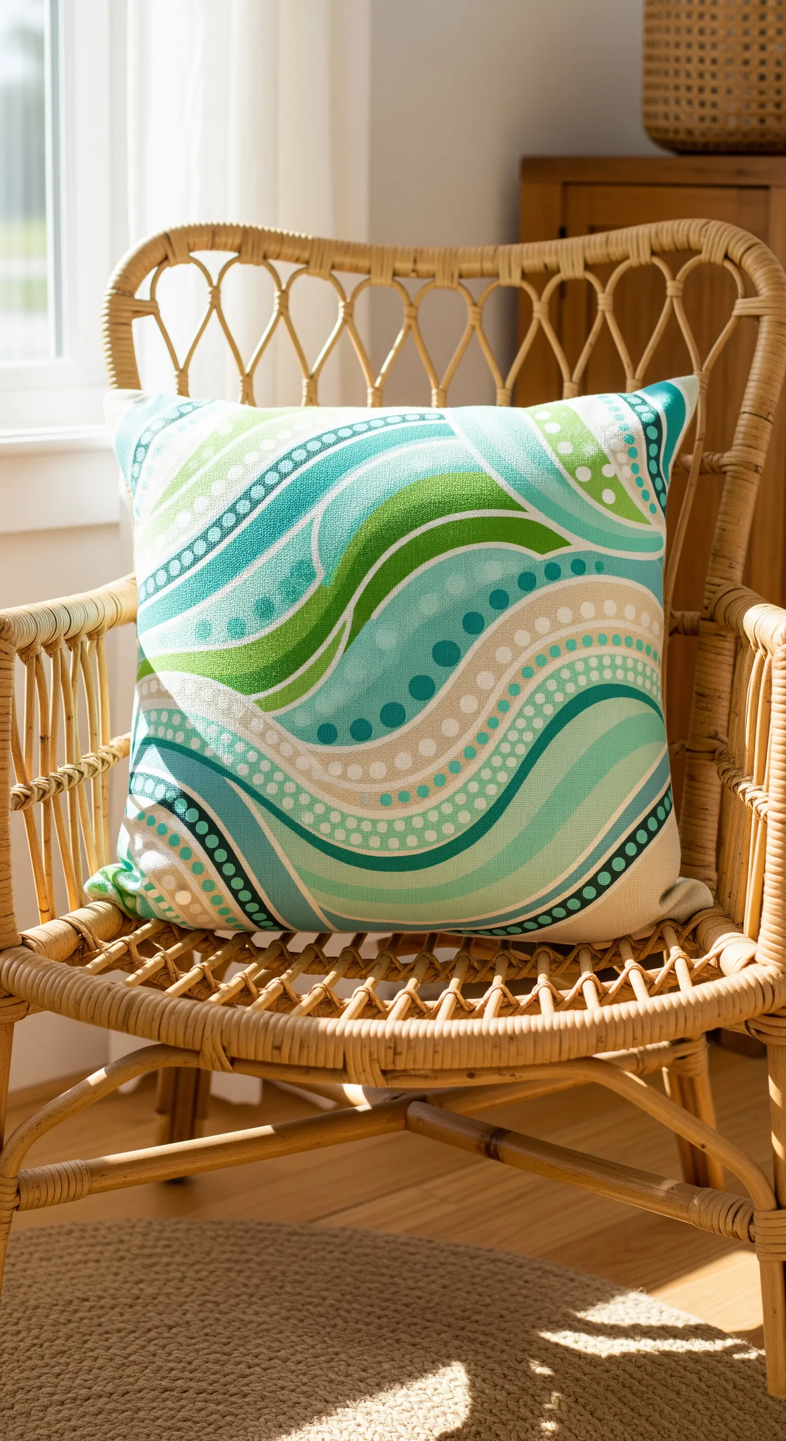 Cuscino con un motivo a onde nei toni del verde e del blu, posato su una sedia in rattan.
