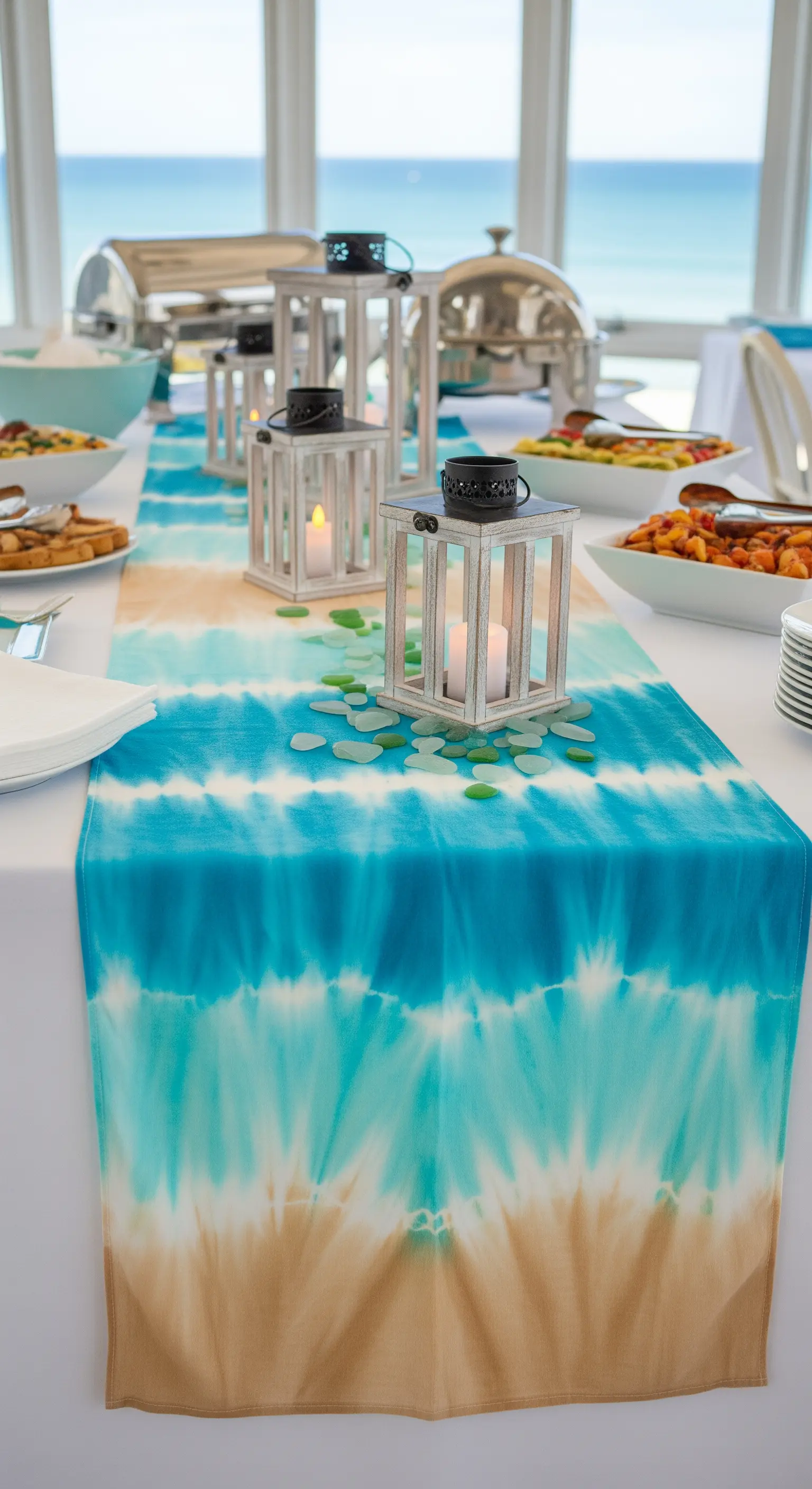 Runner tie-dye con sfumature di blu e sabbia, lanterne bianche e vista sul mare.