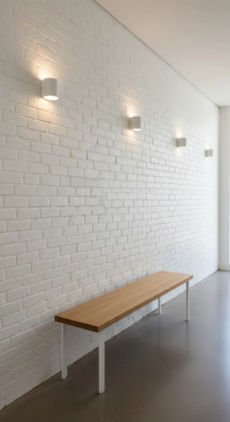 Parete di mattoni bianchi con panca in legno chiaro e applique moderne.