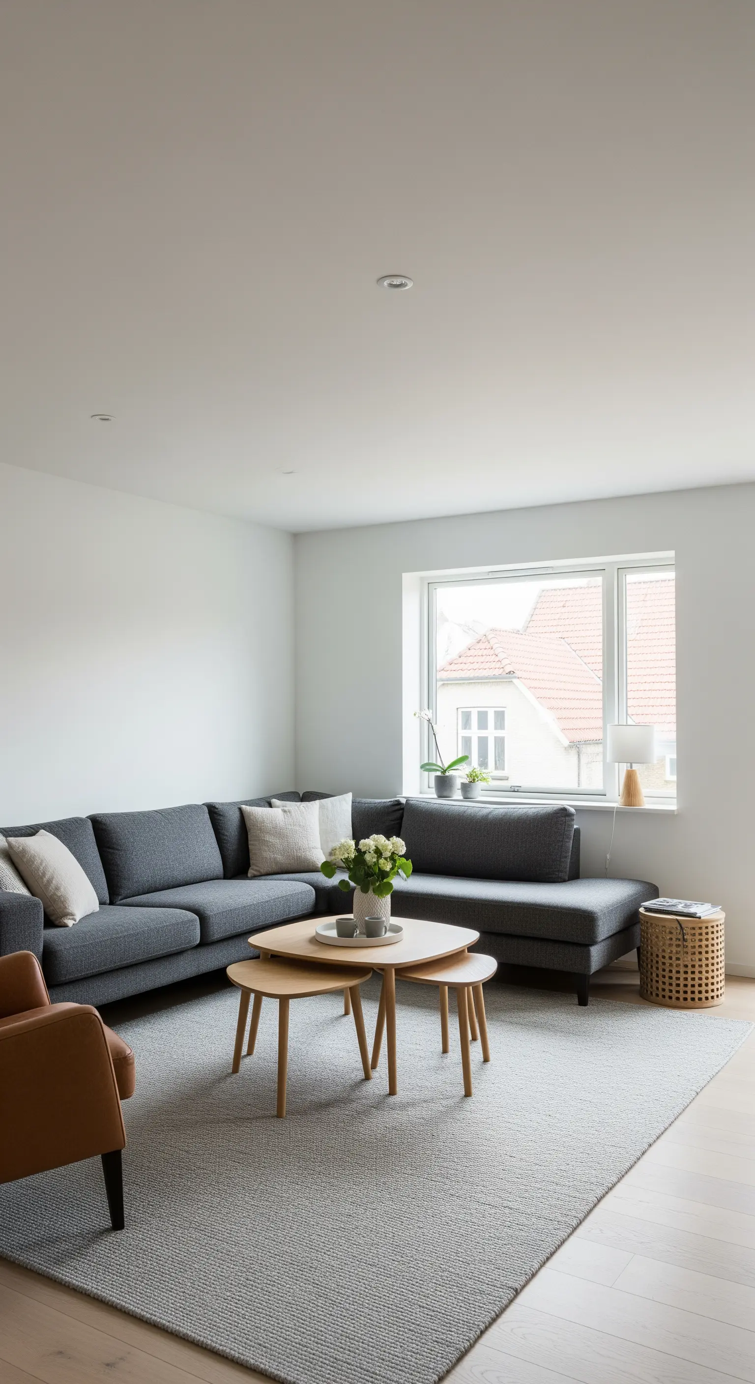 Divano angolare grigio scuro con un set di tavolini a incastro in legno di rovere chiaro.