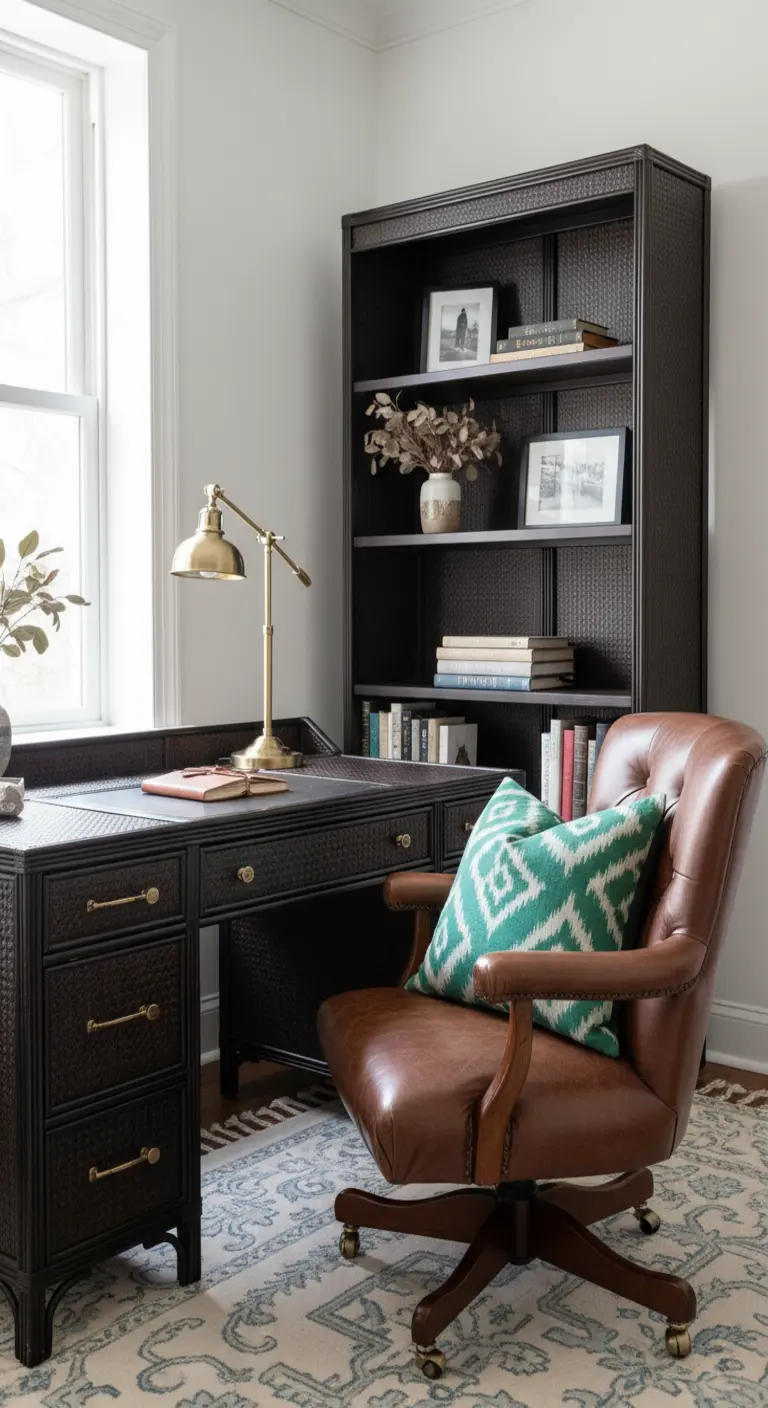 Ufficio formale con scrivania e libreria in rattan scuro e una poltrona in pelle marrone.