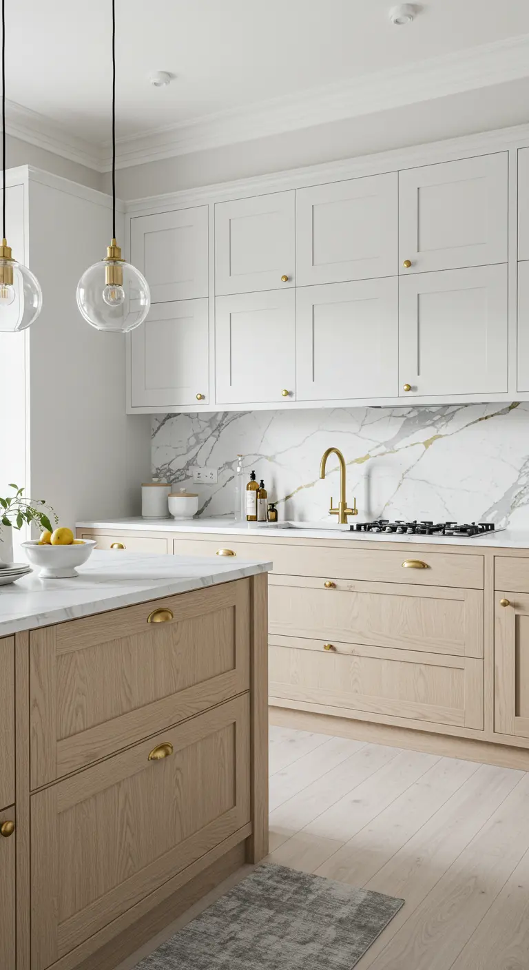 Cucina bicolore con basi in legno, pensili bianchi e un'isola con top in marmo.