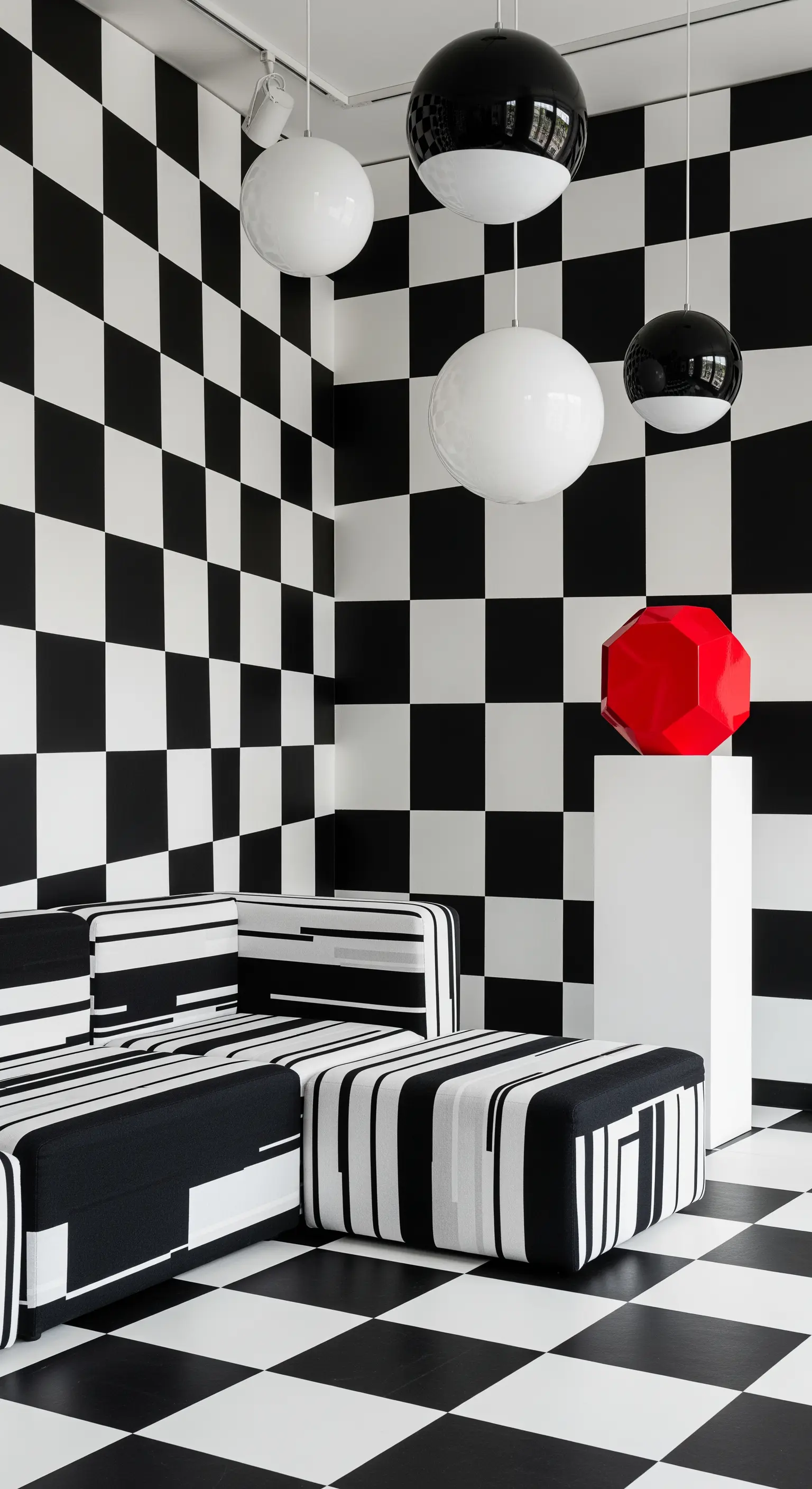 Stanza optical con pareti e pavimento a scacchiera, divano a righe e lampade sferiche.