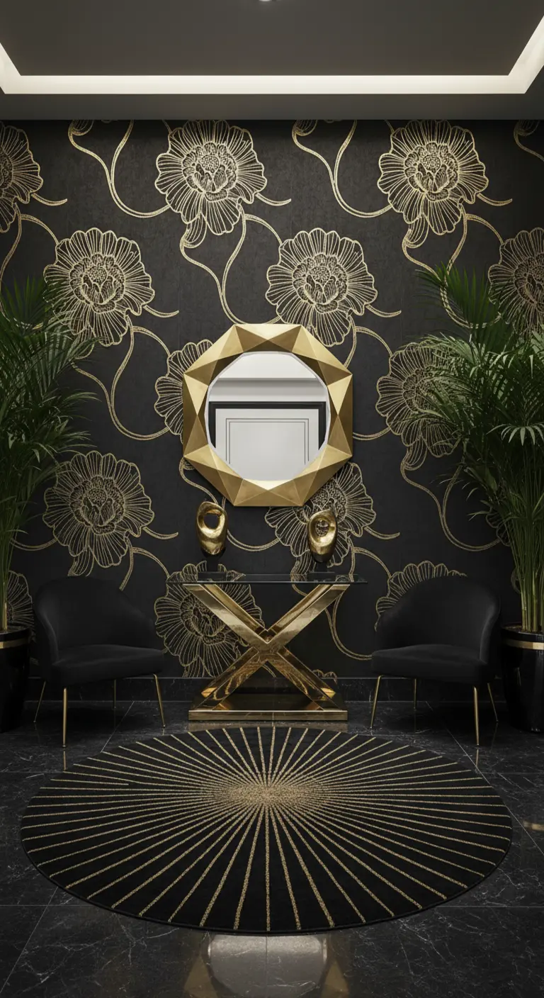 Ingresso Art Déco con carta da parati nera e oro, console scultorea e specchio geometrico.