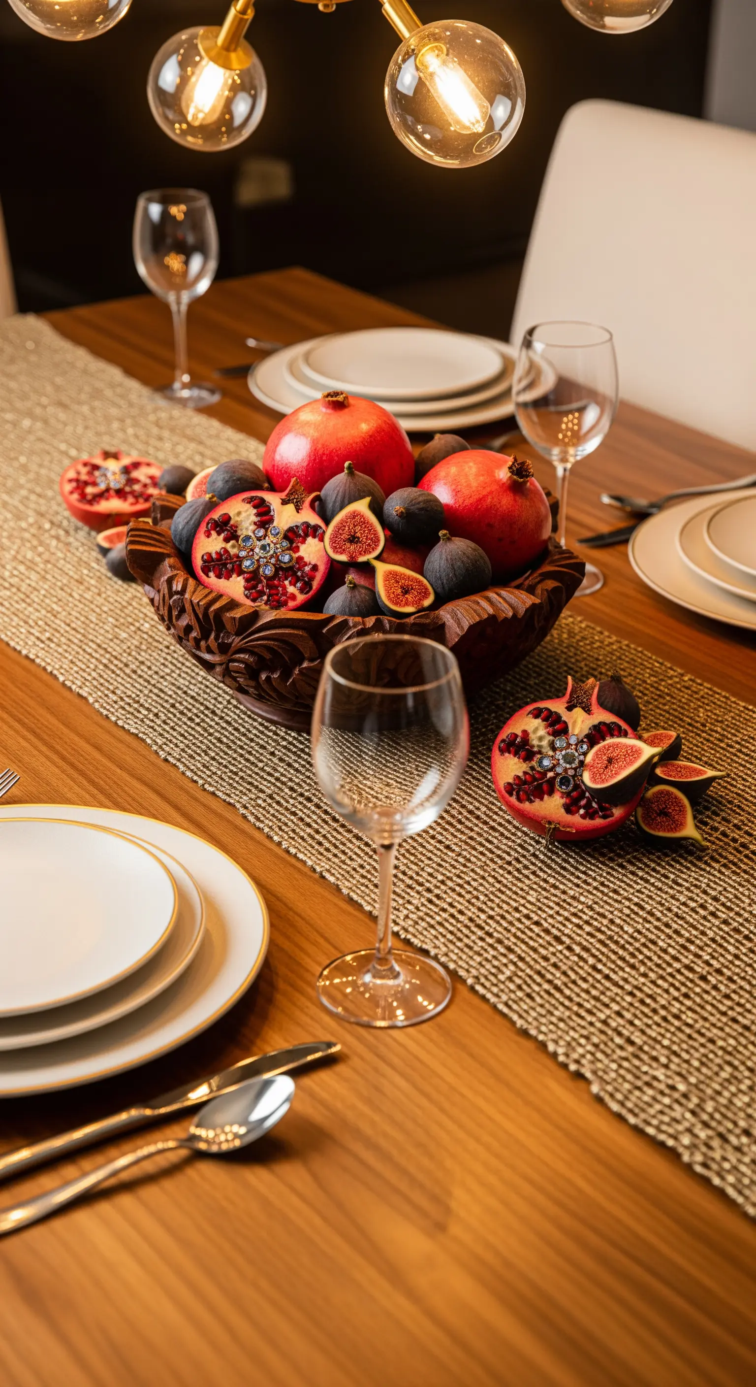 Centrotavola autunnale con melograni e fichi in una ciotola di legno intagliato.