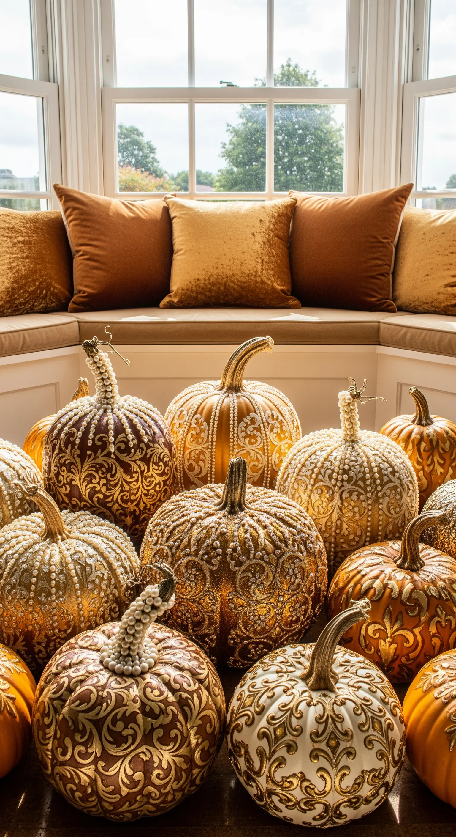 Zucche decorate con elaborati motivi barocchi dorati e applicazioni di perle bianche.