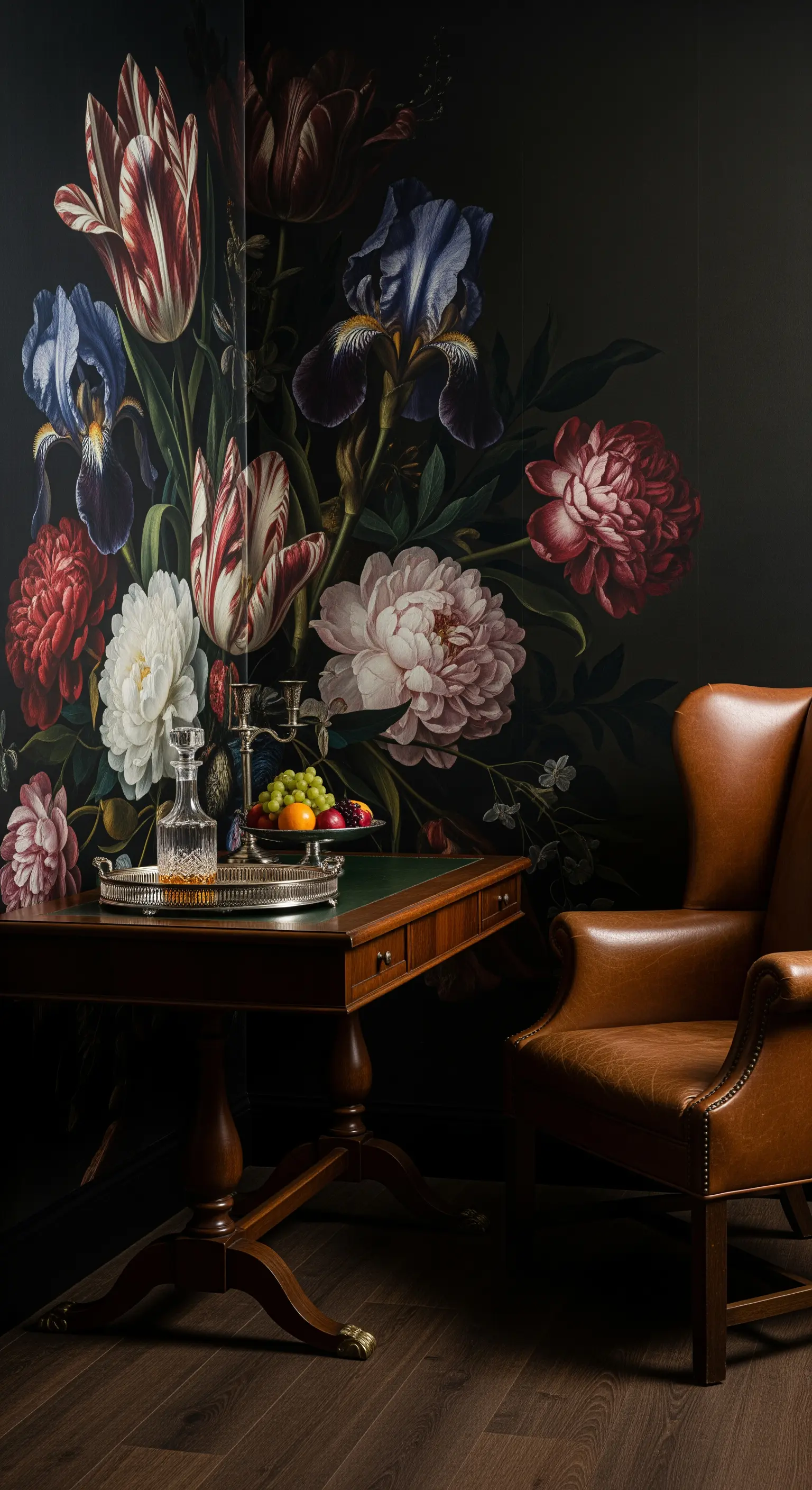 Poltrona in pelle e tavolino in legno scuro in un angolo con carta da parati floreale barocca.