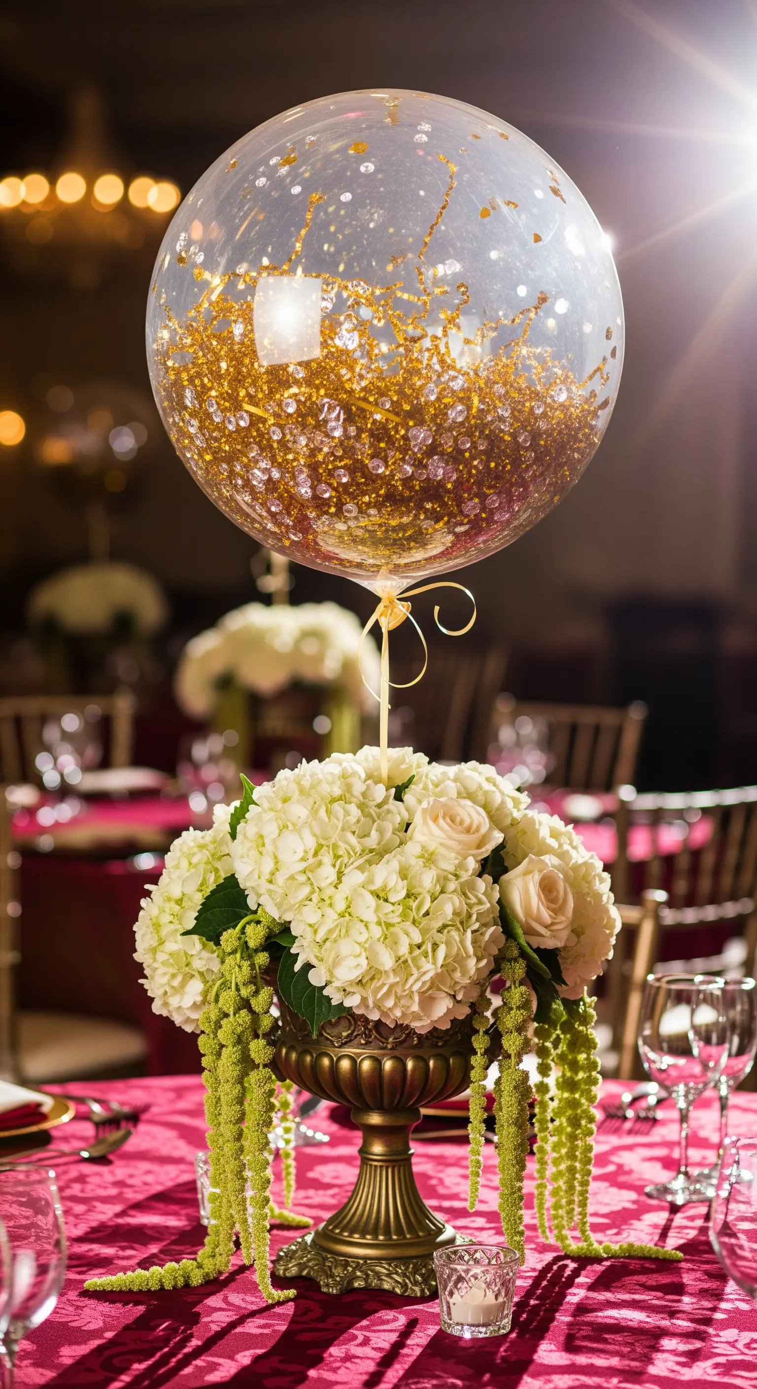 Centrotavola barocco con ortensie bianche, amaranto verde e palloncino pieno di glitter dorato.