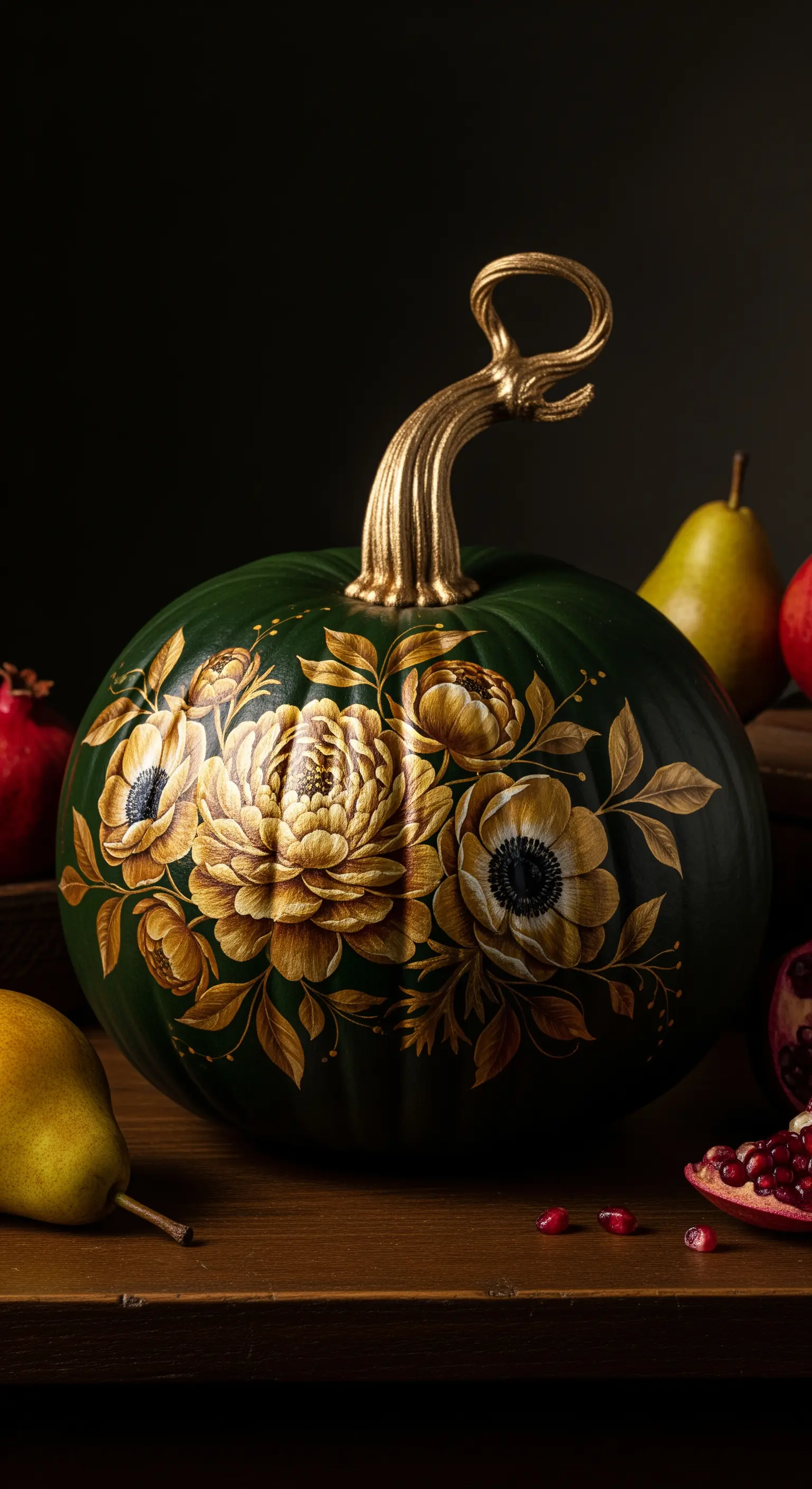 Zucca verde scuro con opulenti fiori dipinti in oro e picciolo dorato, tra frutta di stagione.