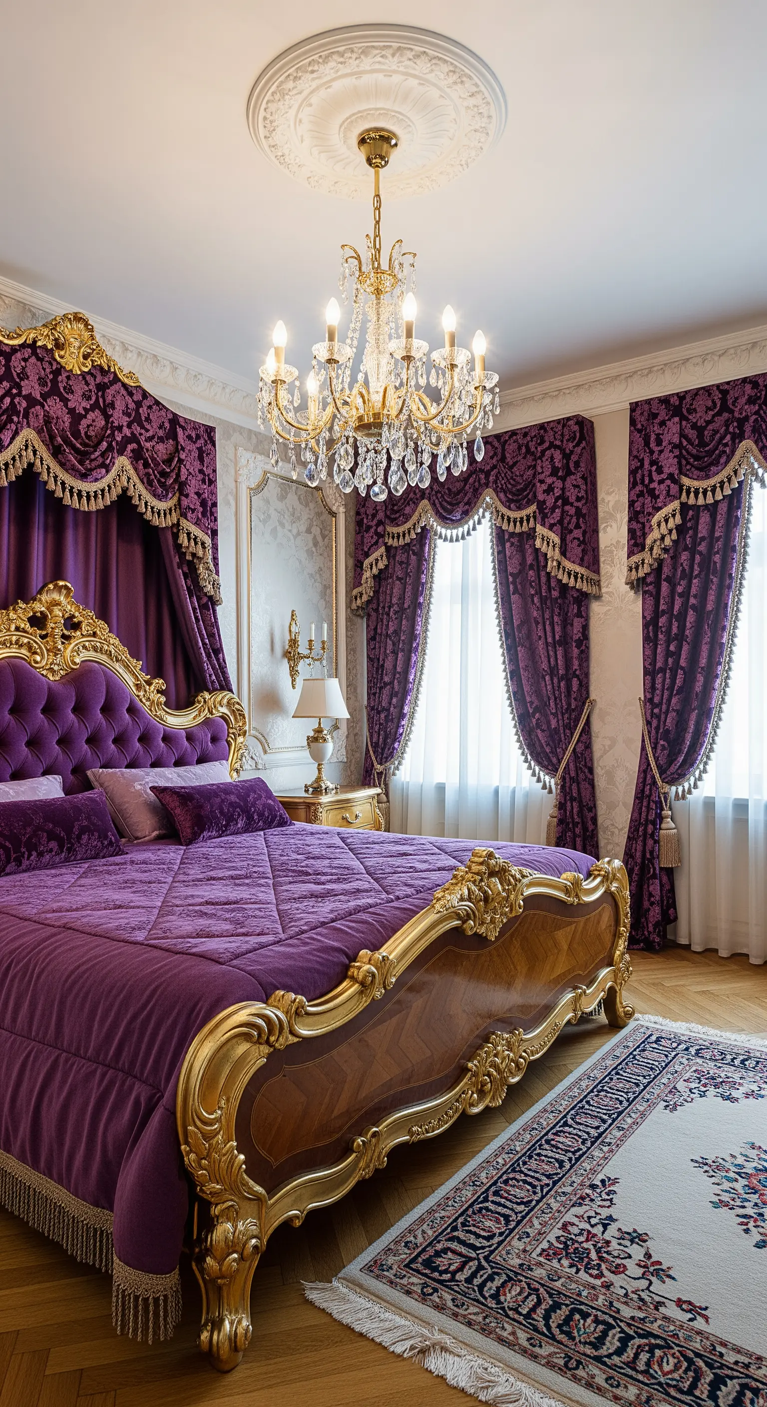 Letto barocco con cornice dorata e velluto viola, in una camera opulenta.