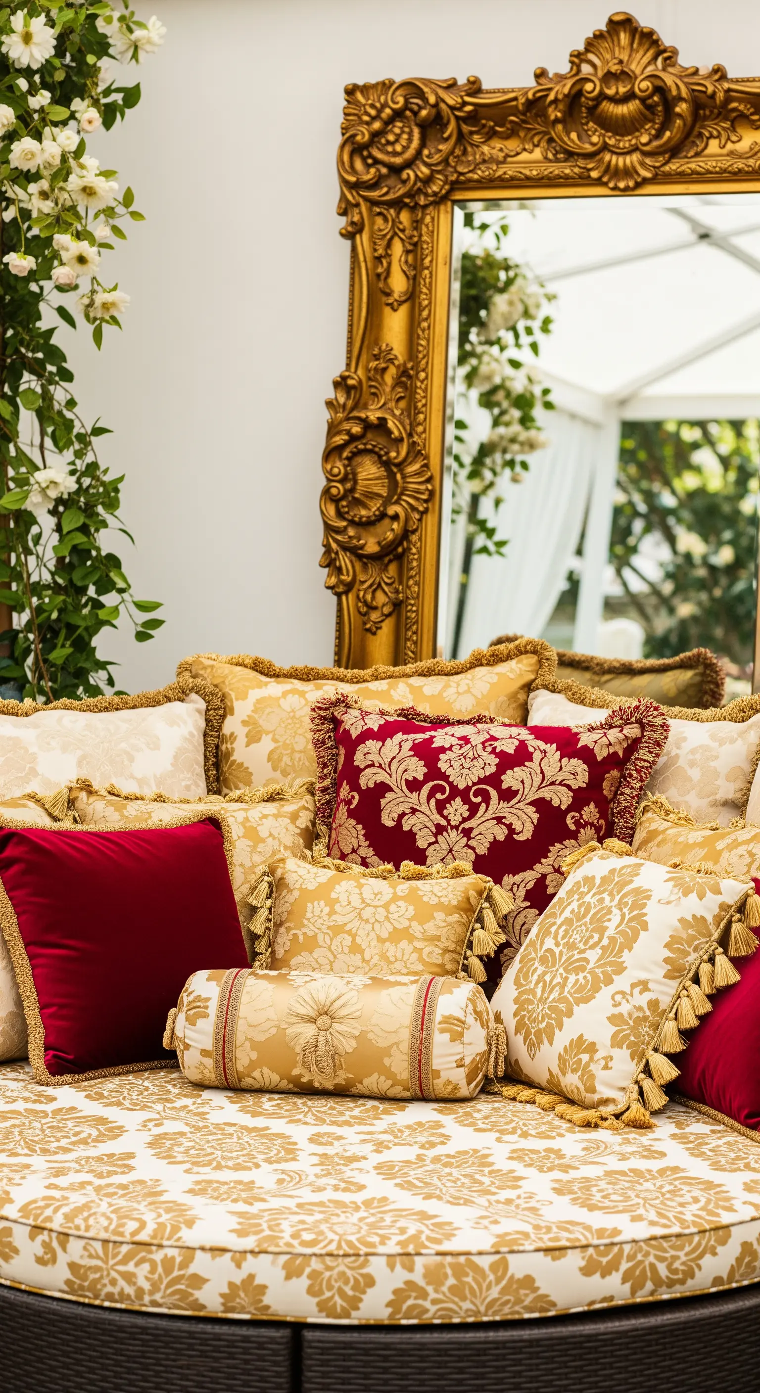 Seduta da esterno ricoperta di cuscini damascati rossi e oro con uno specchio barocco.