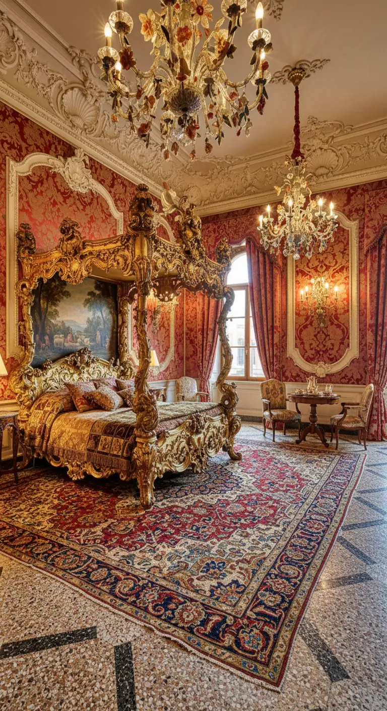 Sontuosa camera da letto barocca con letto dorato, pareti in damasco e tappeto persiano.