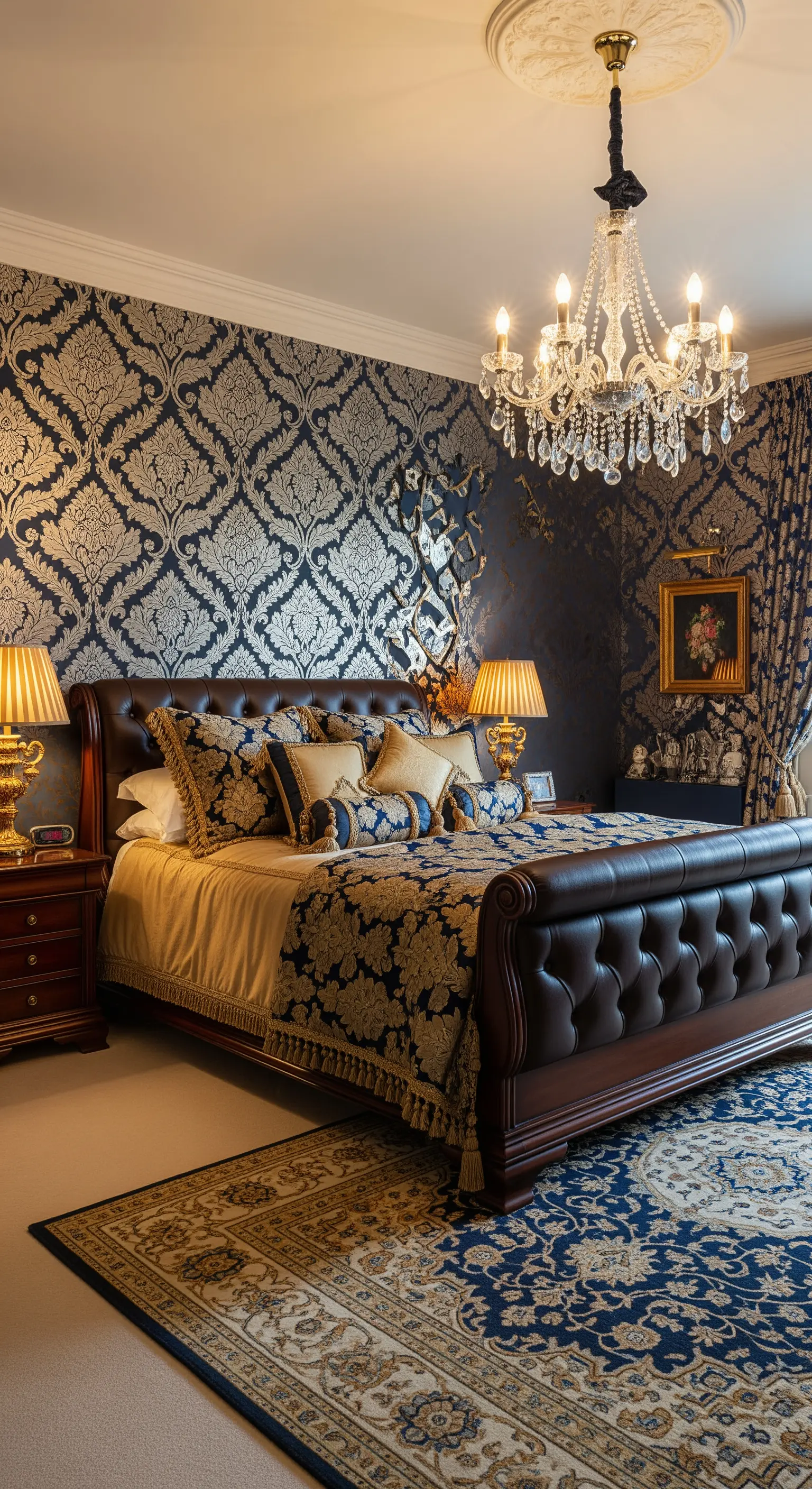 Letto Chesterfield in pelle marrone con carta da parati damascata blu e argento.