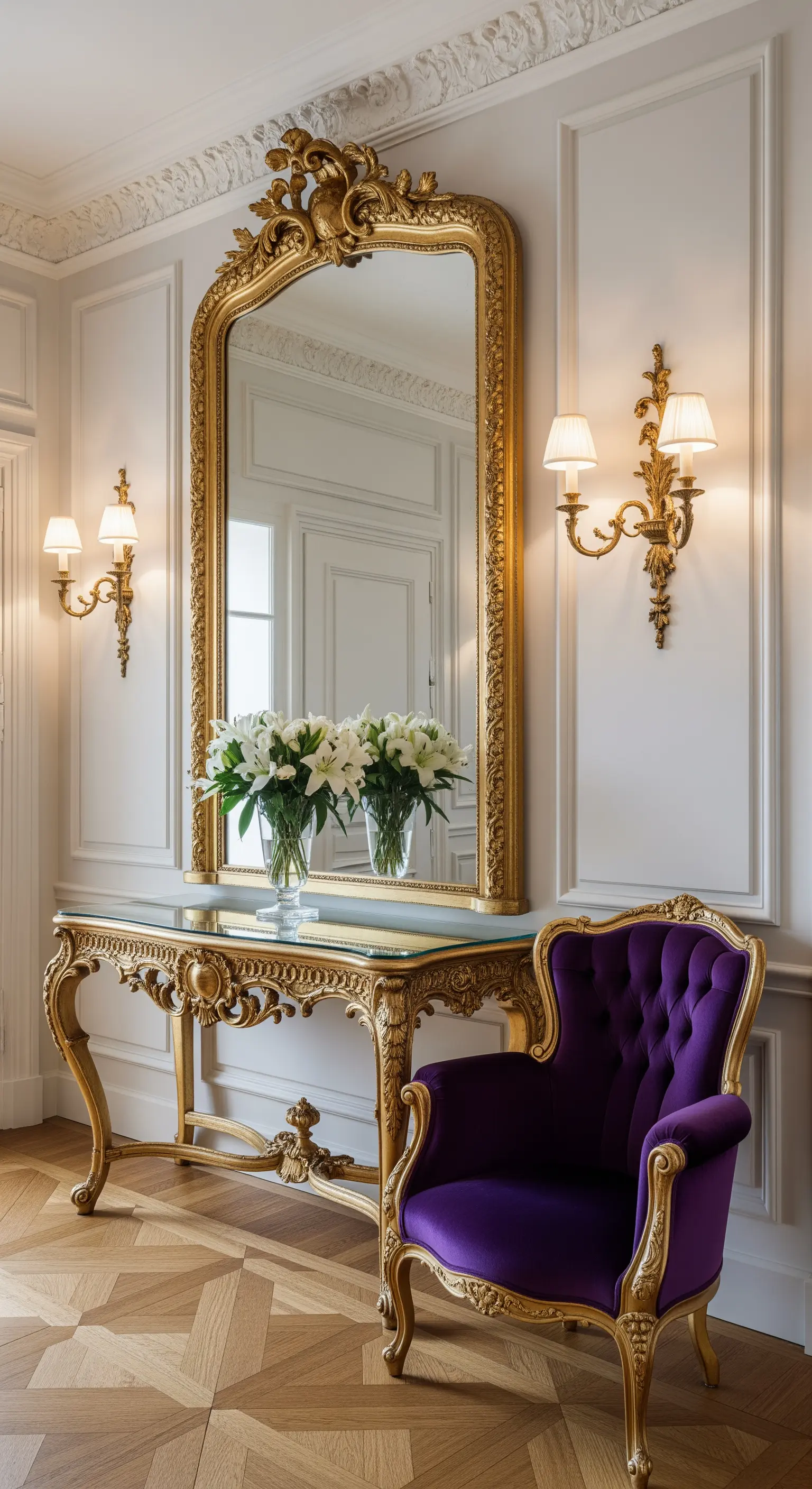 Ingresso classico con specchio e consolle dorati, boiserie e poltrona in velluto viola