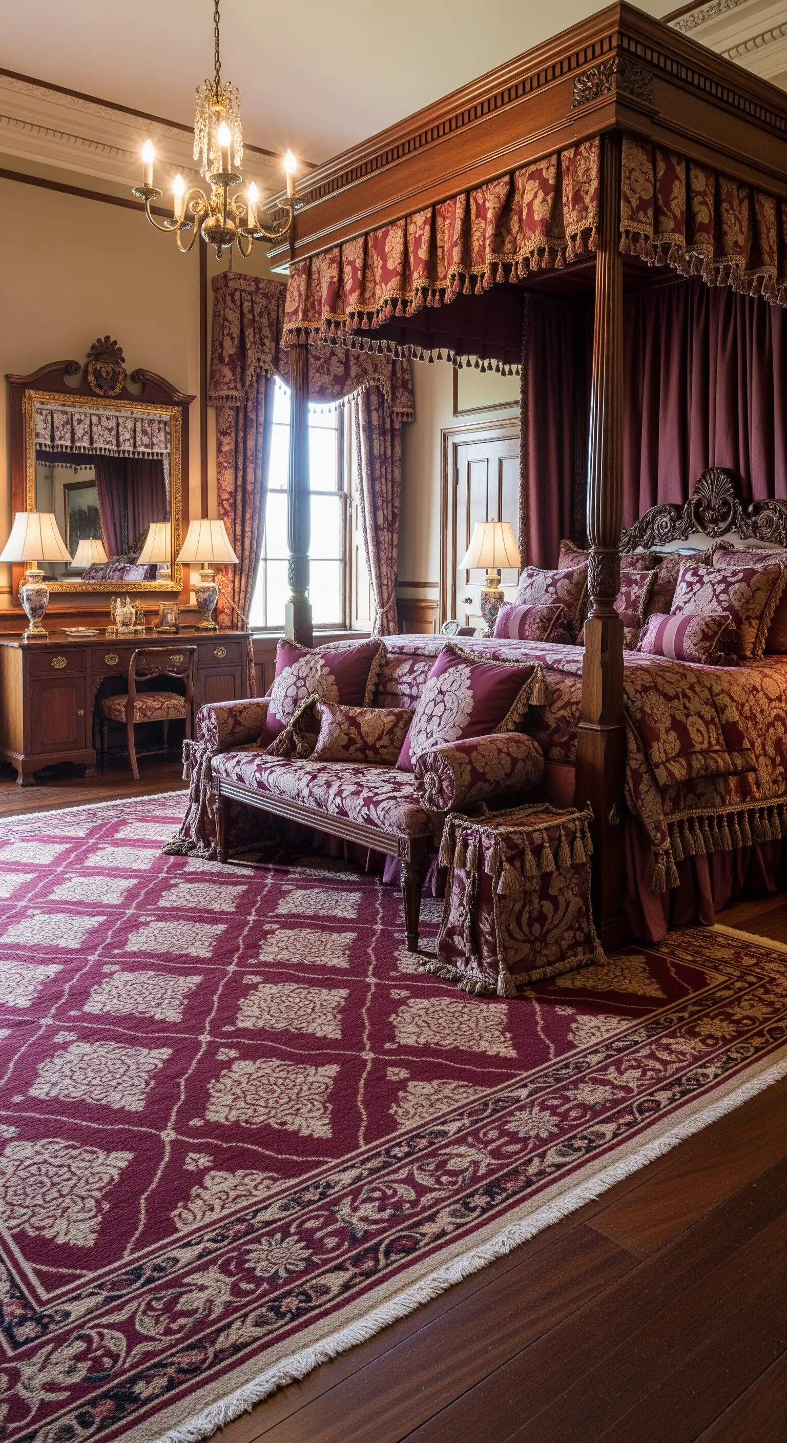 Camera da letto classica con un imponente letto a baldacchino in legno e tessuti damascati rossi e oro.