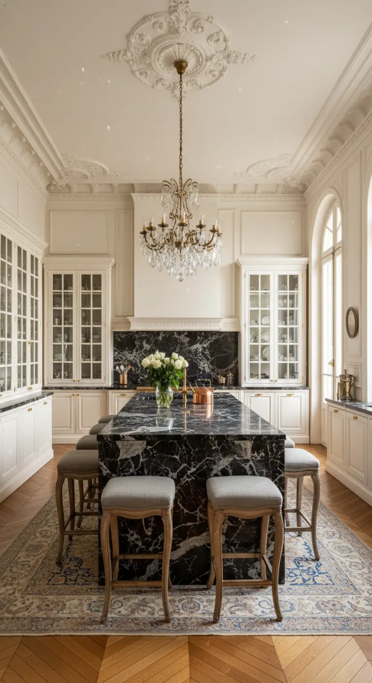 Cucina classica bianca con modanature, isola imponente in marmo nero e lampadario di cristallo.