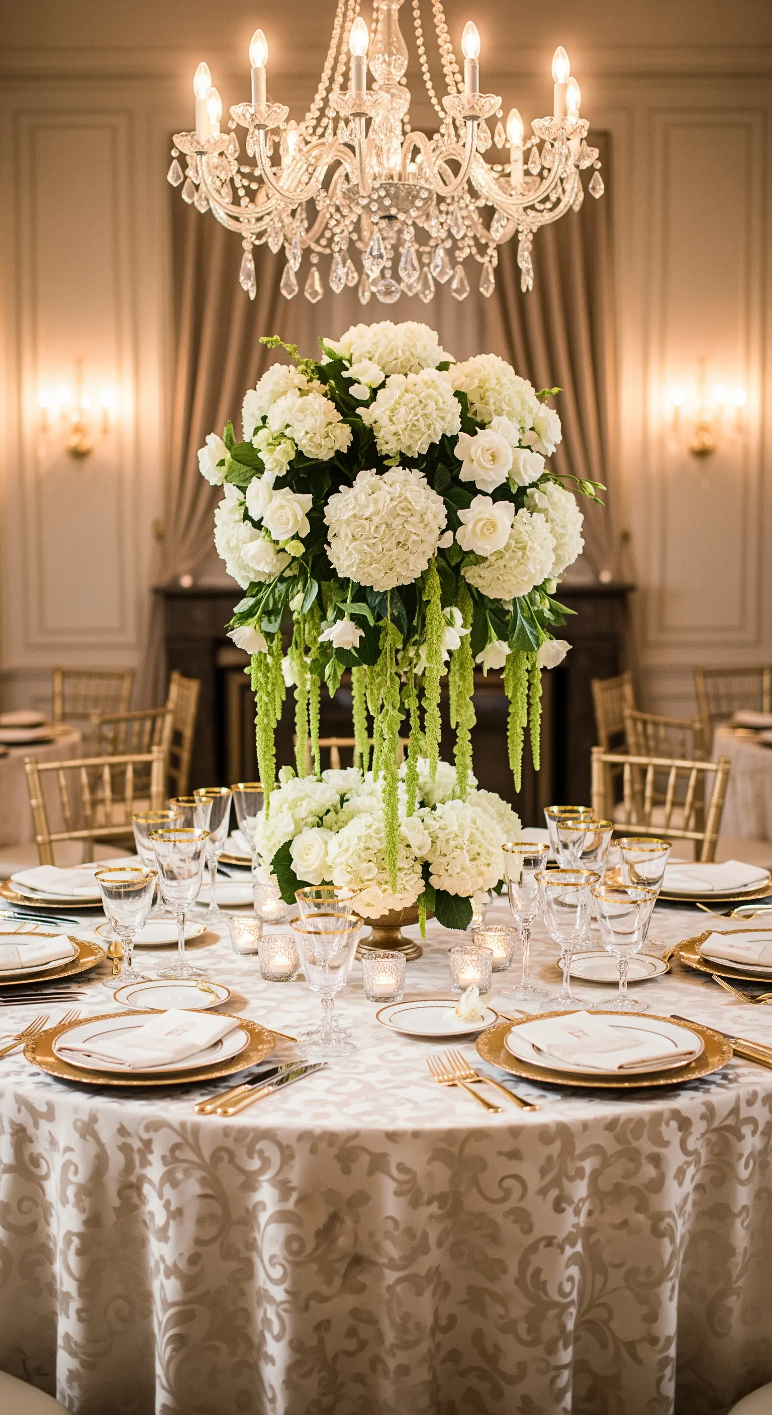 Tavola rotonda con tovaglia damascata e un grande centrotavola floreale.