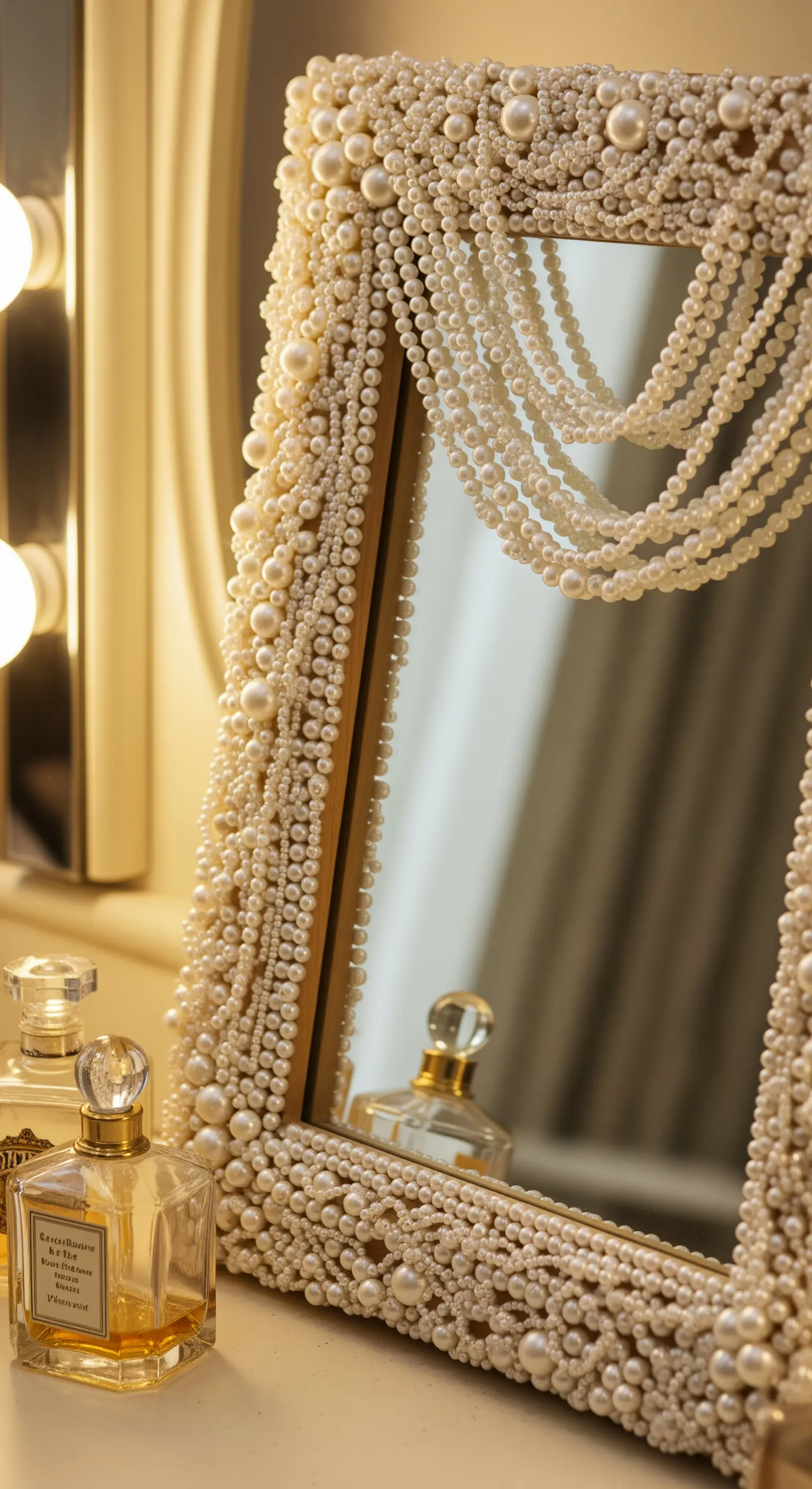 Dettaglio di uno specchio da trucco con cornice interamente ricoperta di perle bianche di varie dimensioni.