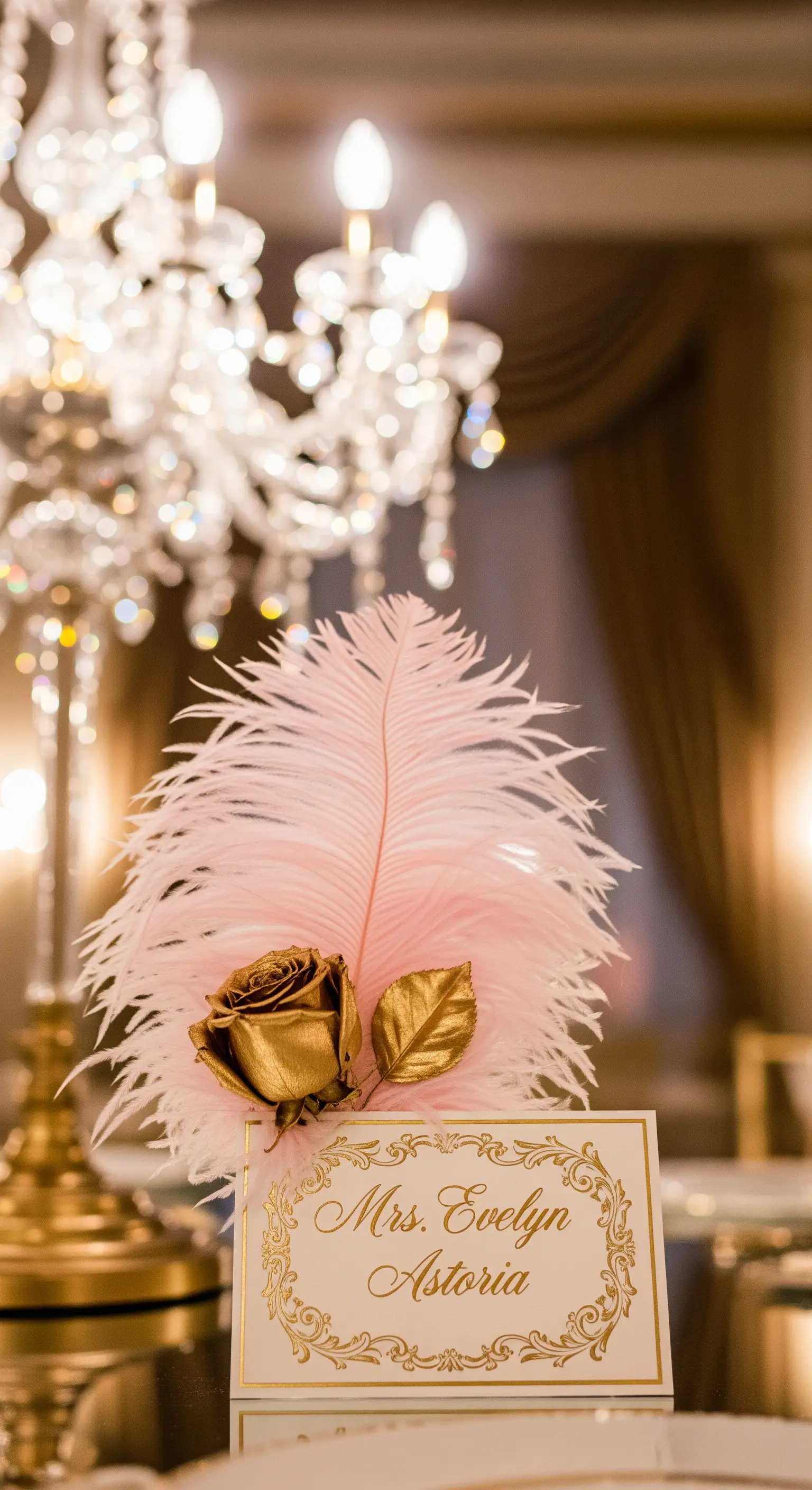 Segnaposto glamour con piuma rosa, rosa dorata e cartoncino con bordo oro.
