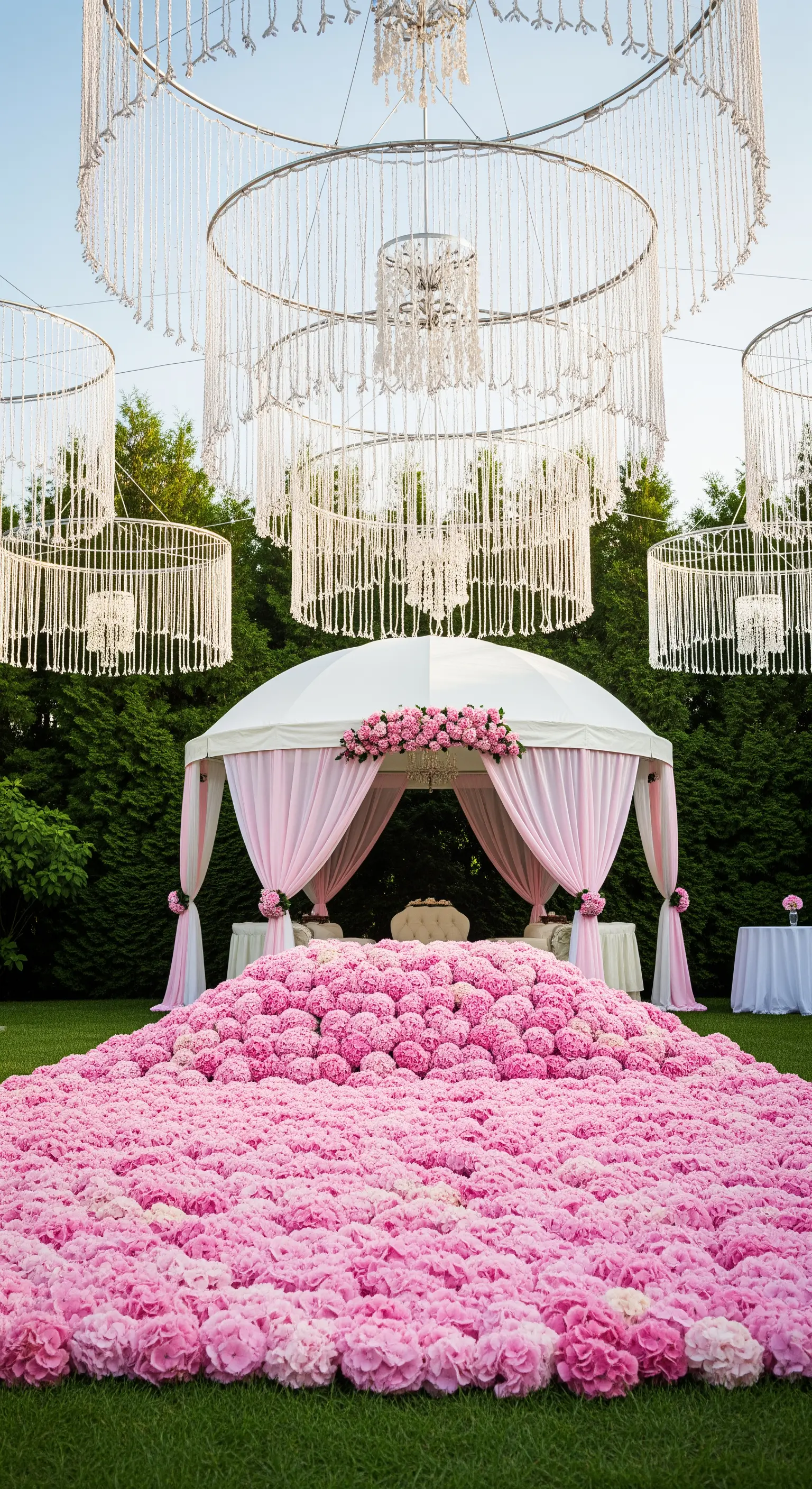 Allestimento per eventi con tenda bianca, chandelier in macramè e una montagna di ortensie rosa.
