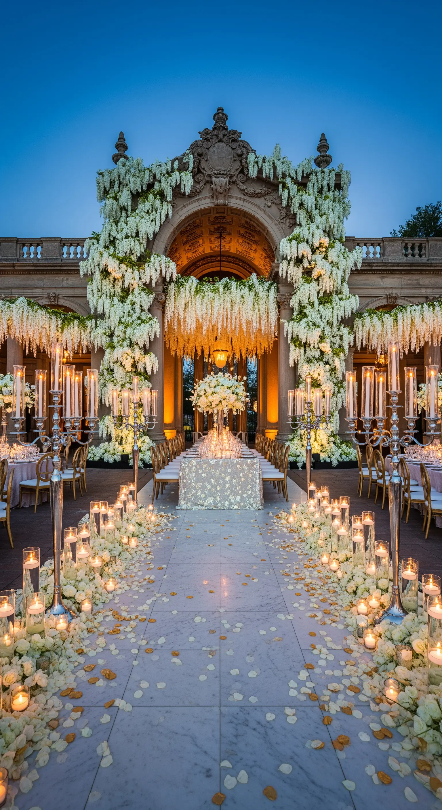 Elegante ricevimento all'aperto con cascate di fiori bianchi e centinaia di candele.