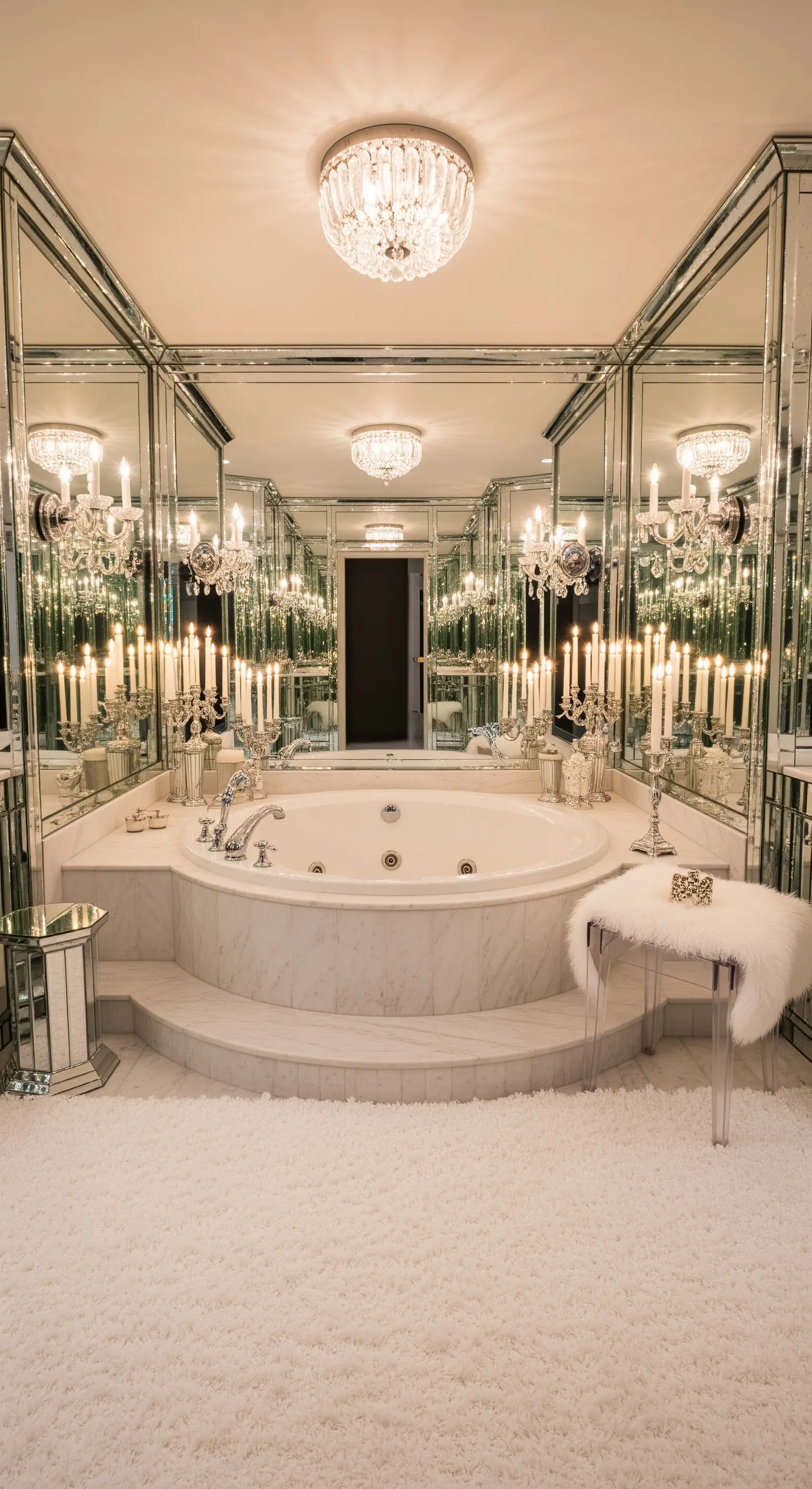 Bagno lussuoso con pareti a specchio, lampadario di cristallo e vasca idromassaggio.