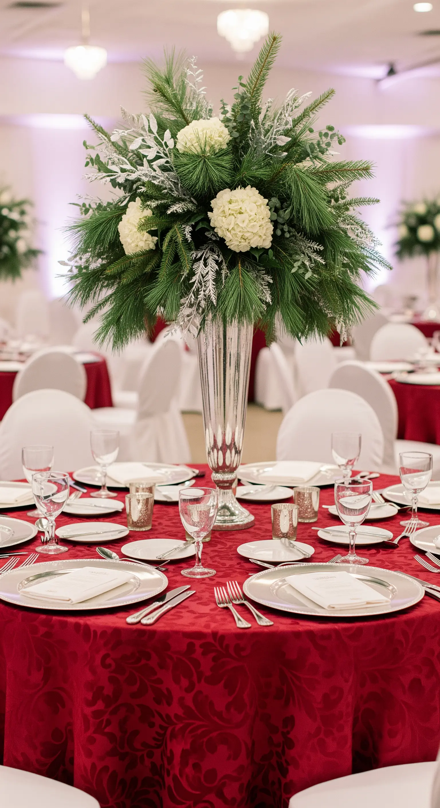 Centrotavola alto con pino, ortensie bianche e rami innevati su tovaglia rossa.
