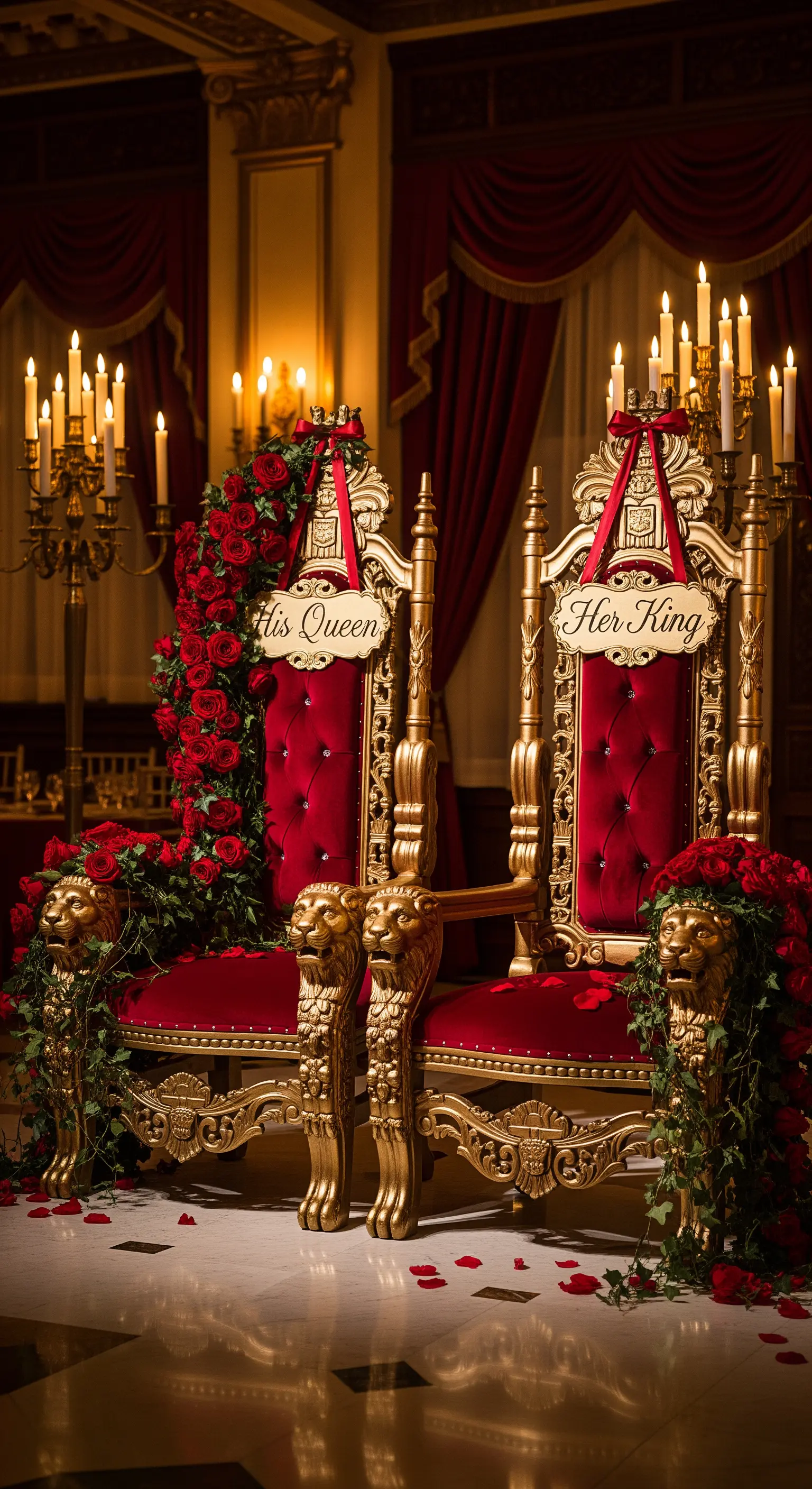 Troni regali in velluto rosso e oro, decorati con ghirlande di rose e insegne personalizzate.