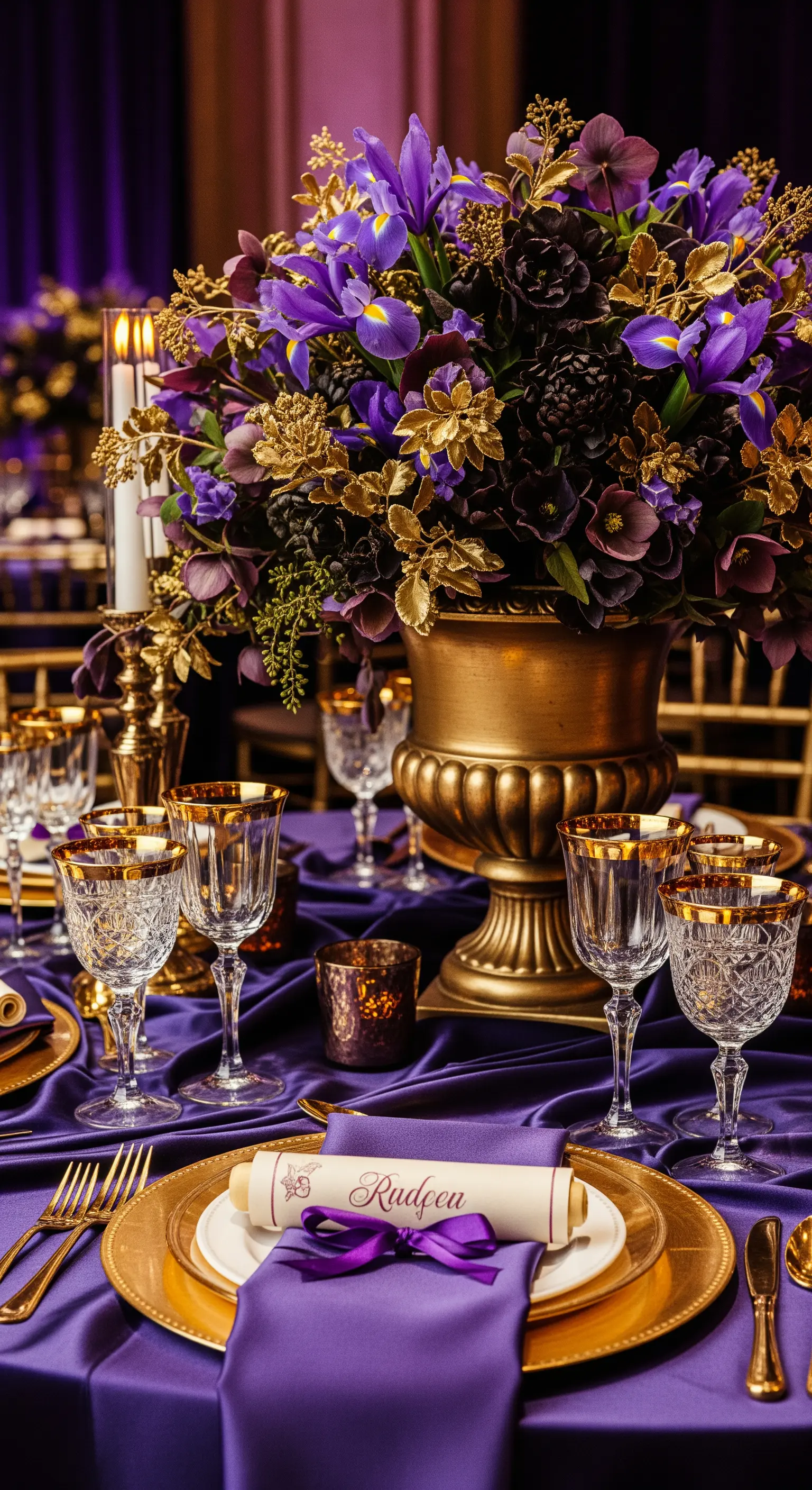 Allestimento regale con tovaglie viola, fiori di iris e abbondanti dettagli dorati.