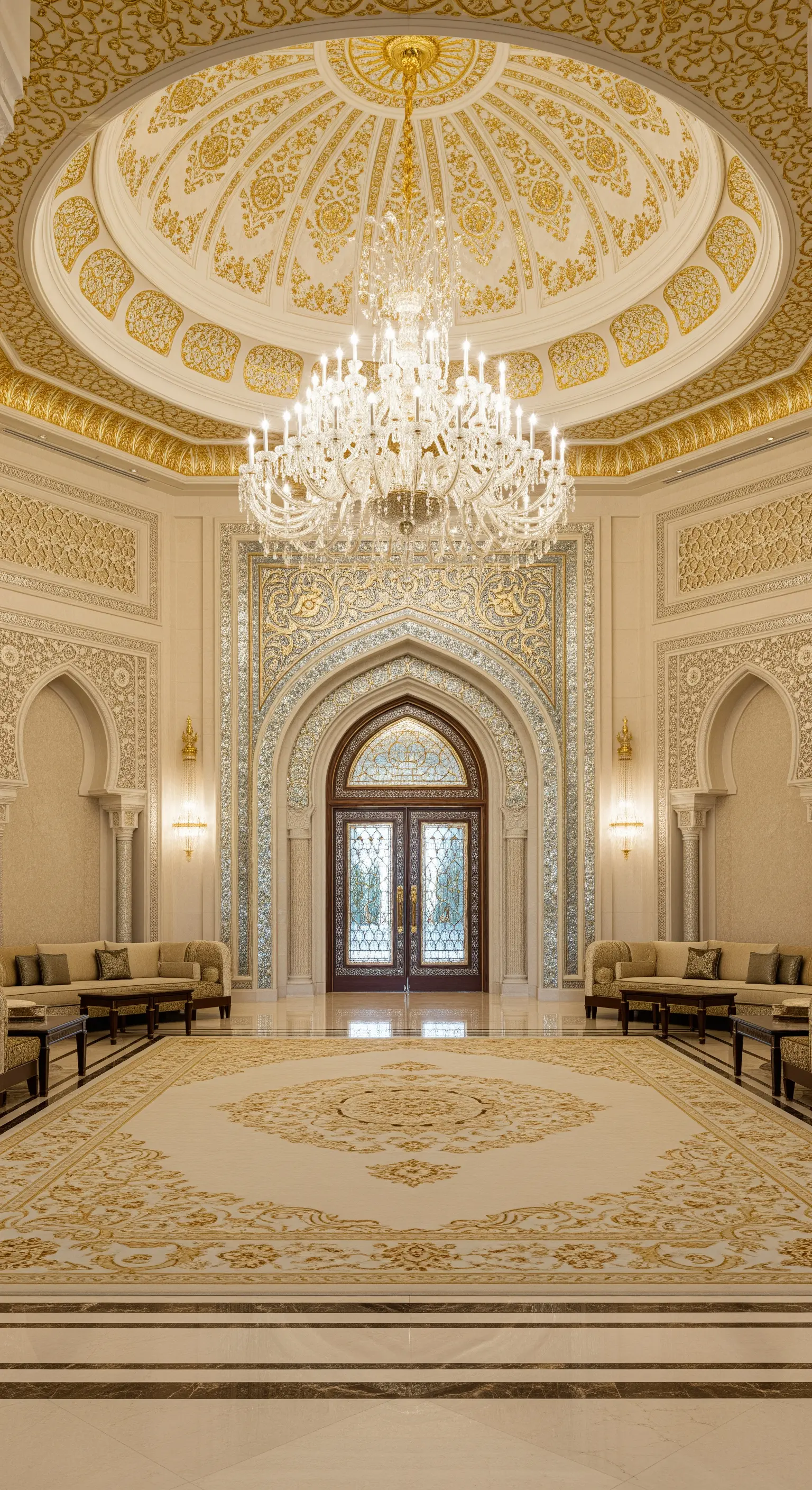 Ingresso di un palazzo con cupola dorata, enorme lampadario di cristallo e tappeto pregiato.