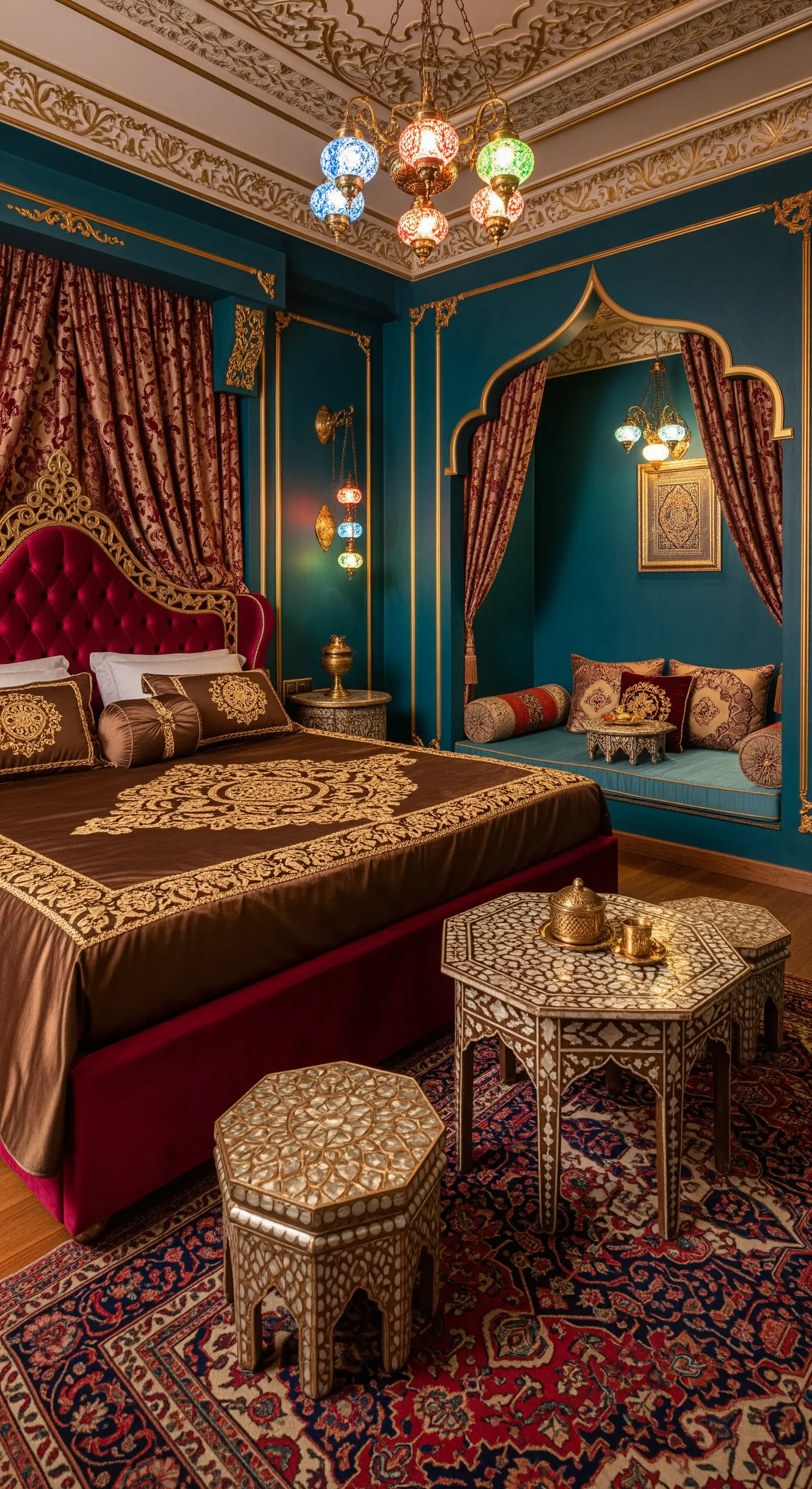 Stanza in stile ottomano con pareti blu petrolio, letto con testiera in velluto e lampade in vetro colorato.