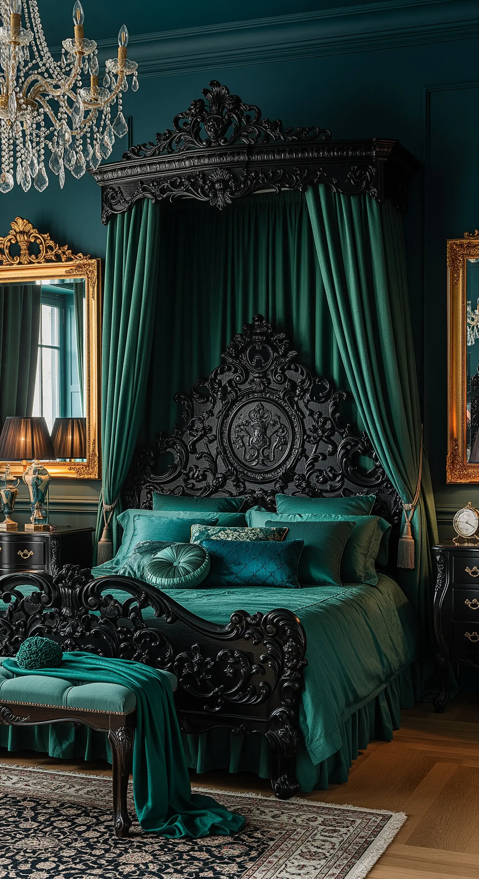 Letto a baldacchino barocco nero, riccamente intagliato, in una camera da letto verde smeraldo.
