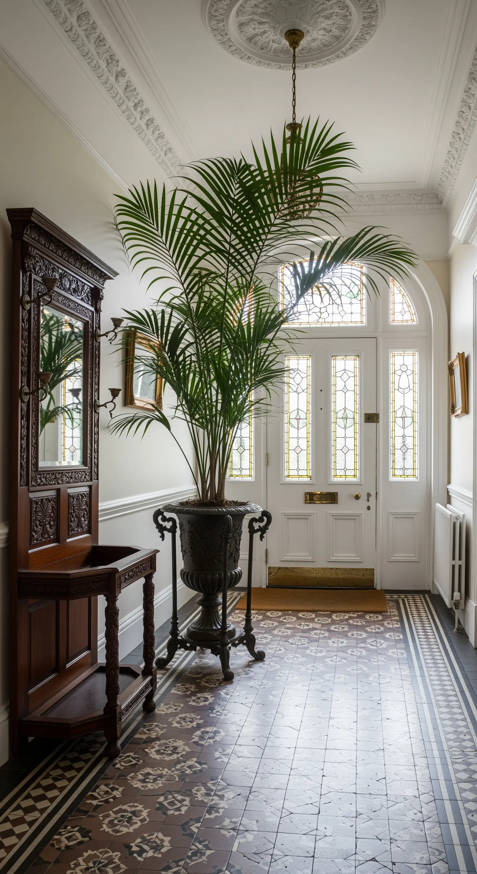 Grande palma in un'urna decorata in stile vittoriano in un ingresso con pavimento a mosaico.