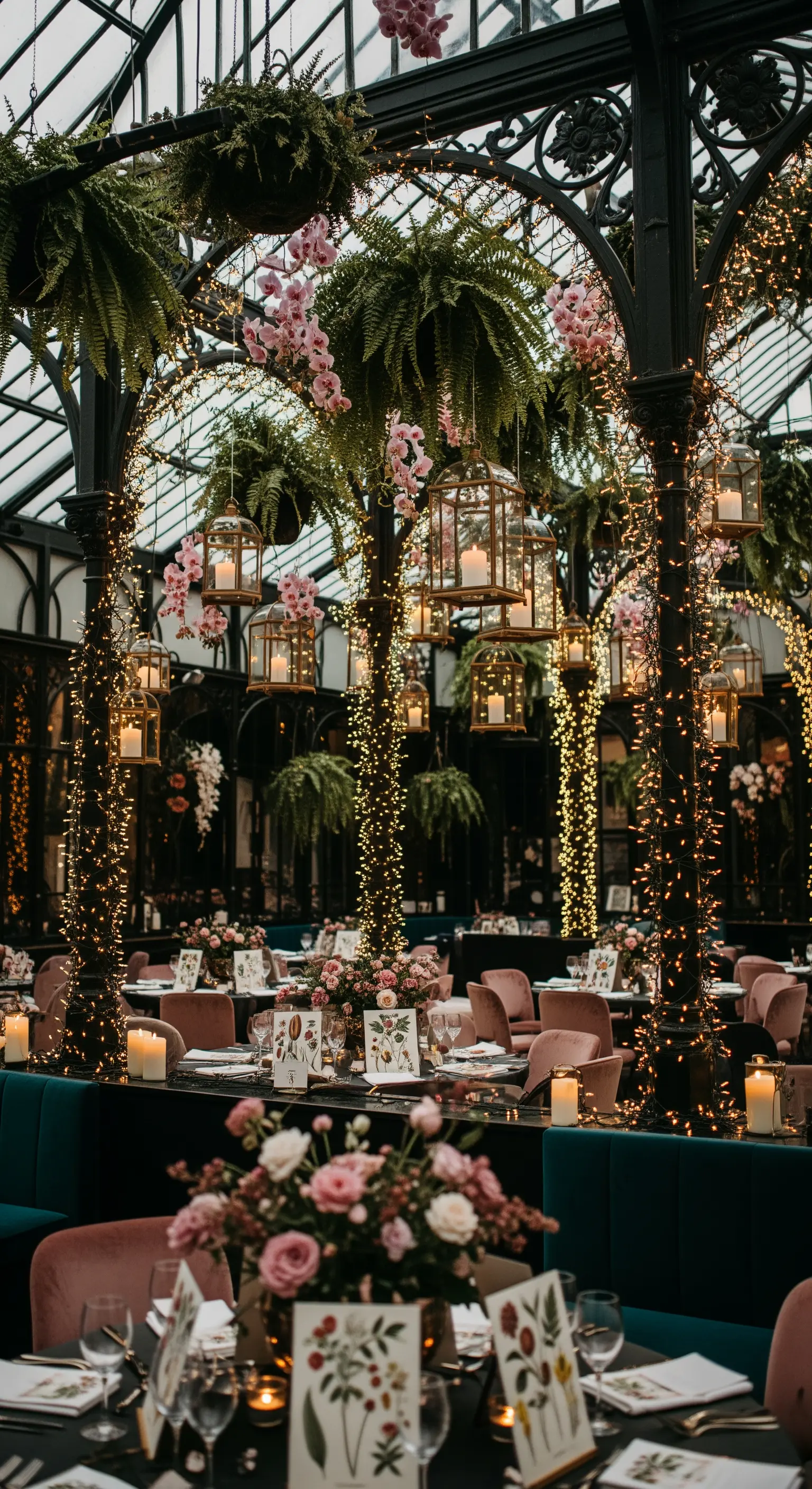 Allestimento in una serra vittoriana con colonne avvolte da luci e lanterne a gabbietta.