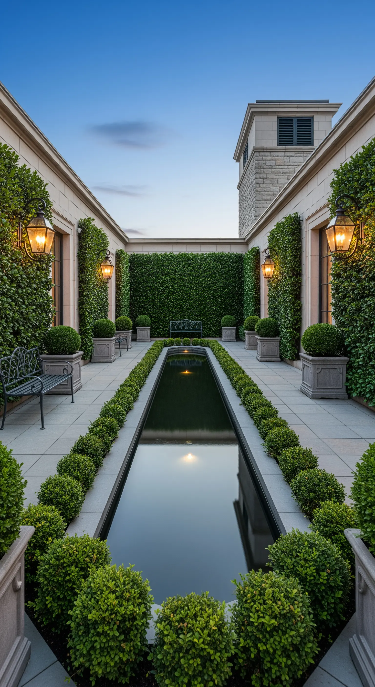Cortile formale con piscina riflettente, siepi simmetriche e lanterne in stile classico.