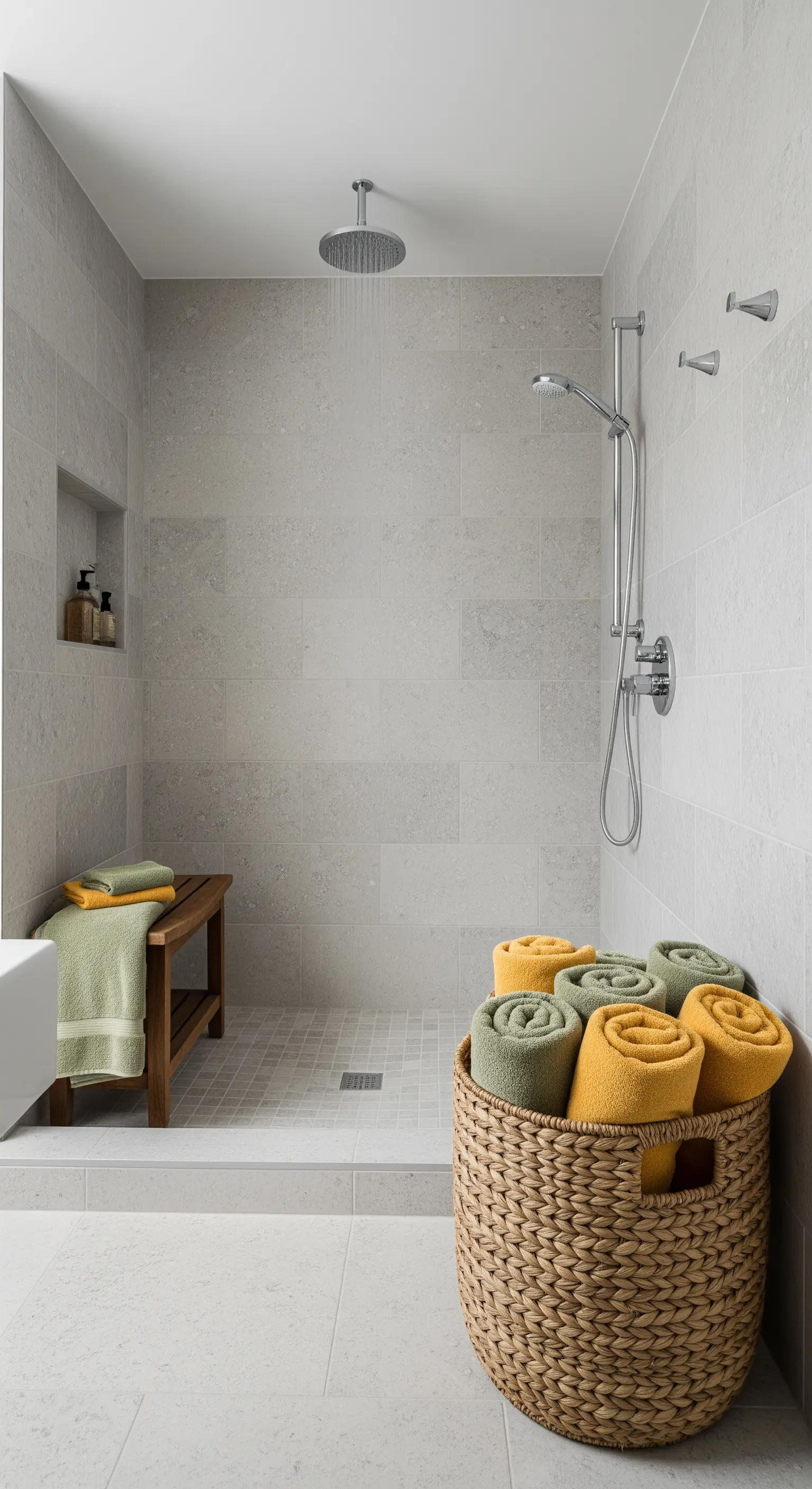 Doccia walk-in con piastrelle grigie e un cesto di vimini con asciugamani colorati arrotolati.