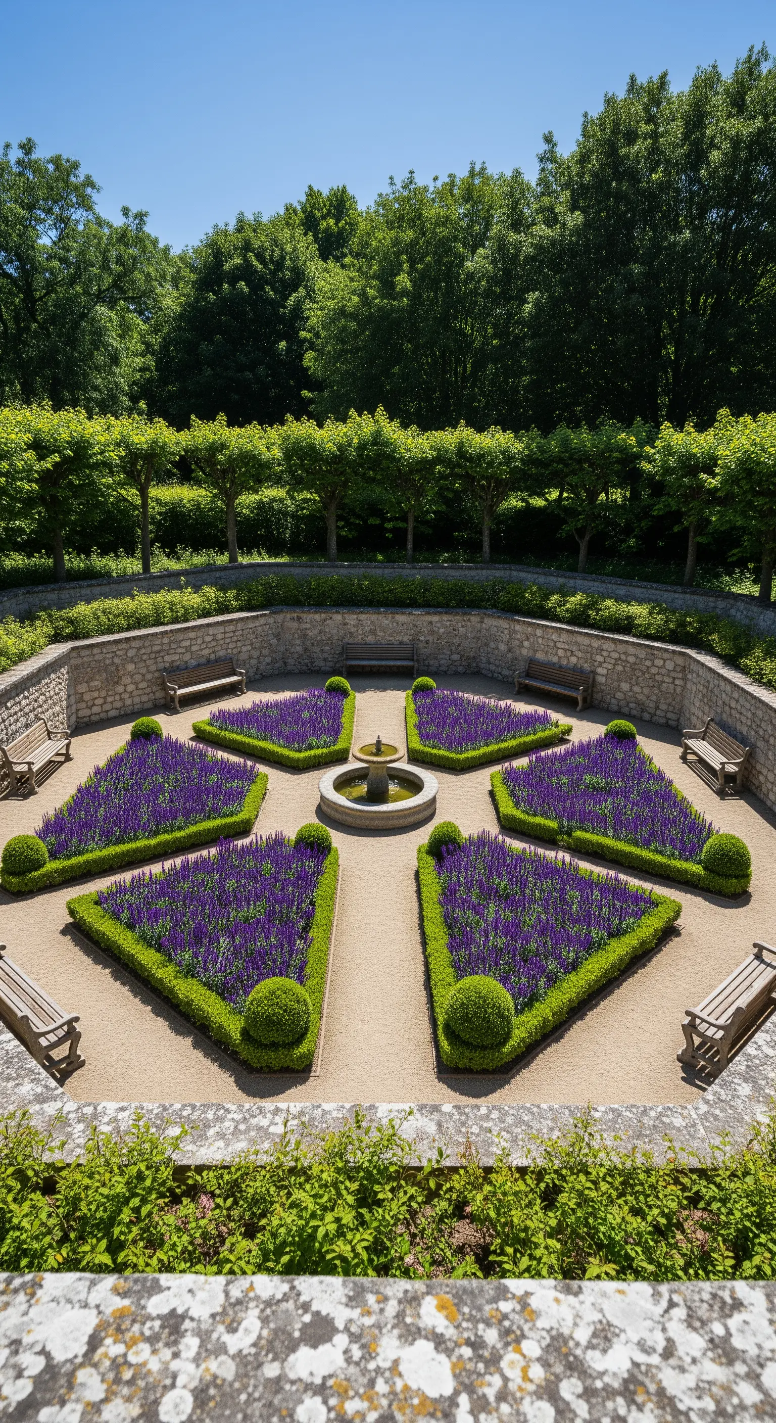 Aiuole geometriche a forma di stella riempite di lavanda viola e circondate da panchine.
