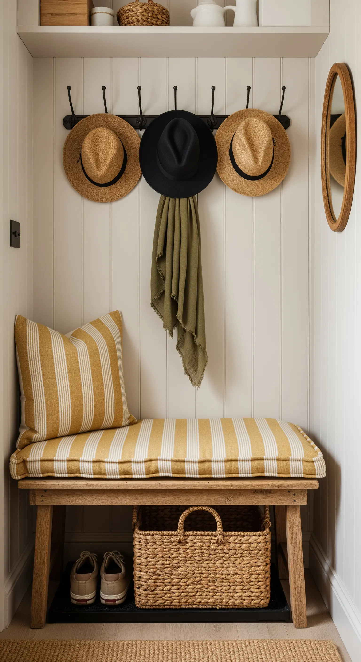 Panca in legno con cuscino a righe senape e cesto in vimini in un angolo ingresso ben organizzato.