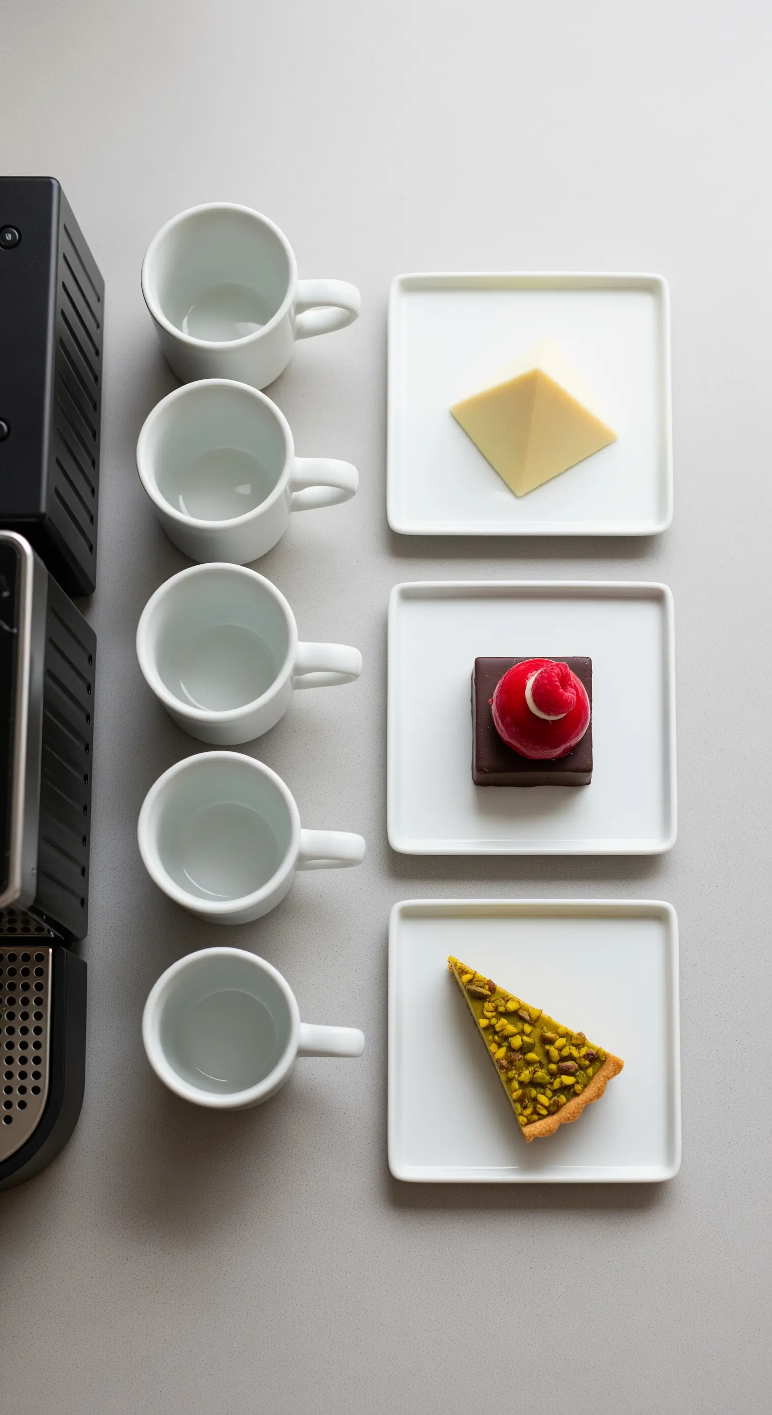 Tazzine bianche e dolci disposti in modo ordinato e geometrico su un tavolo.