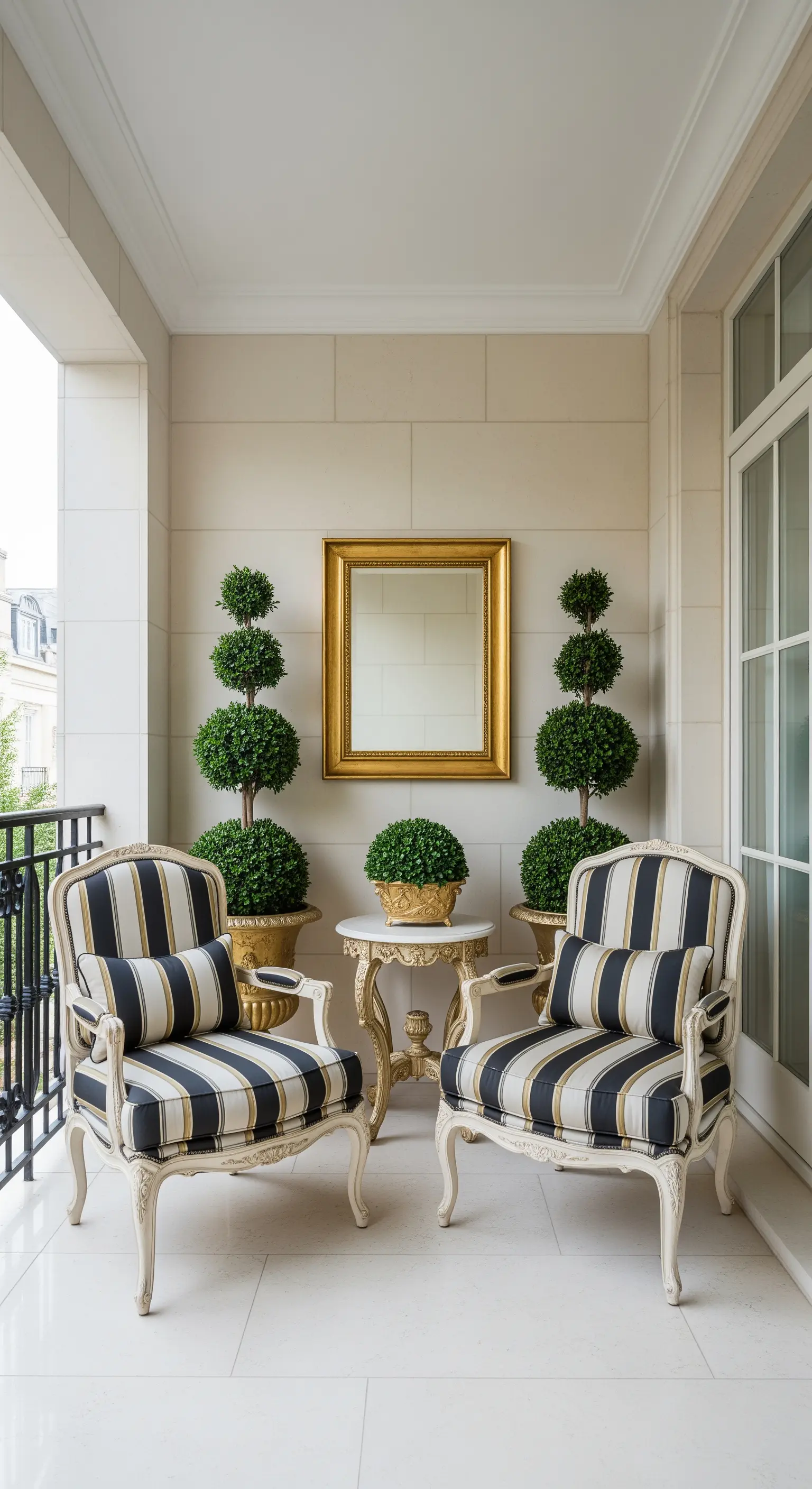 Balcone elegante e simmetrico con due poltrone a righe, piante topiarie e uno specchio dorato.