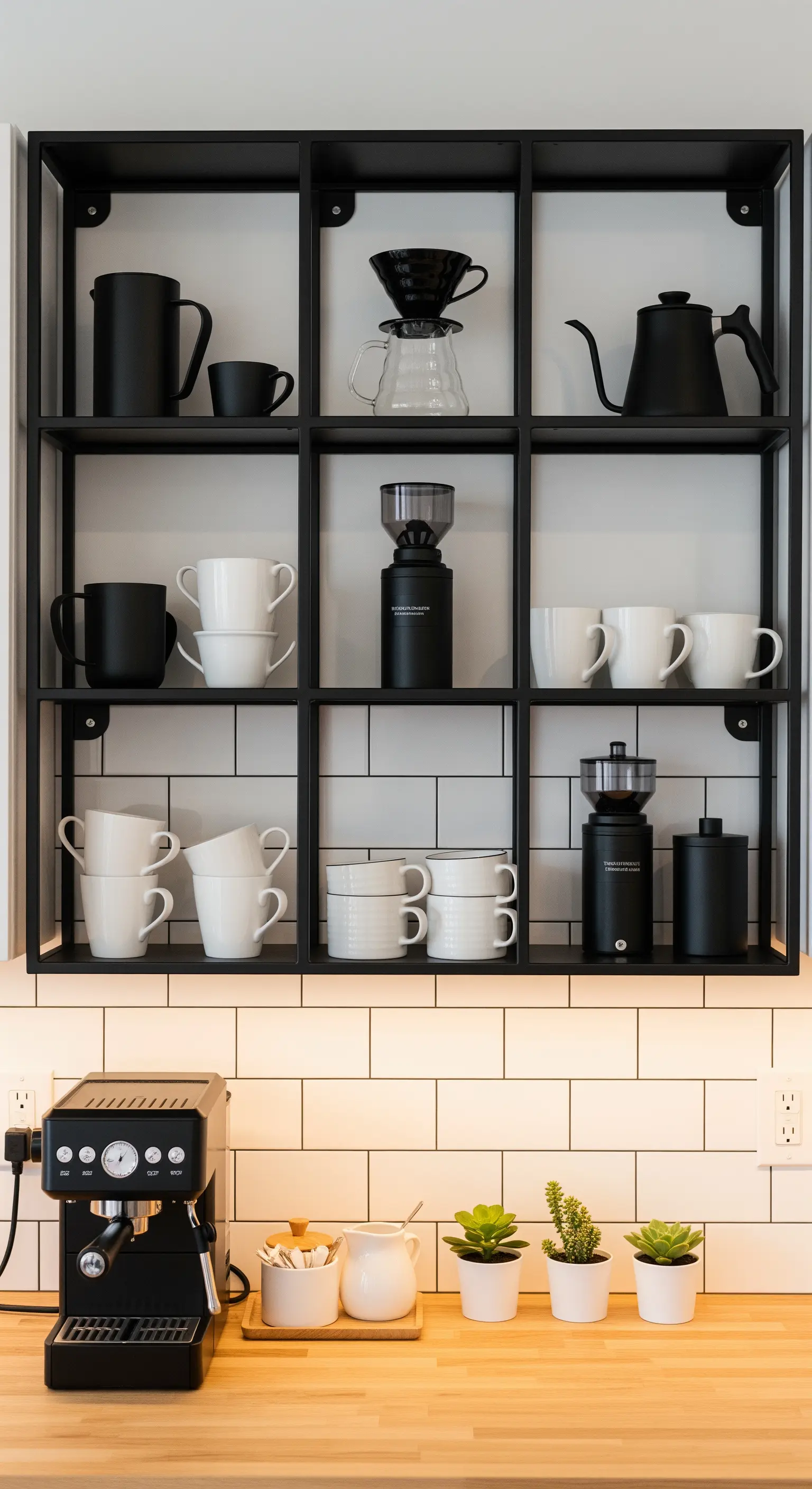 Angolo caffè con mensole a griglia in metallo nero e tazze bianche e nere.