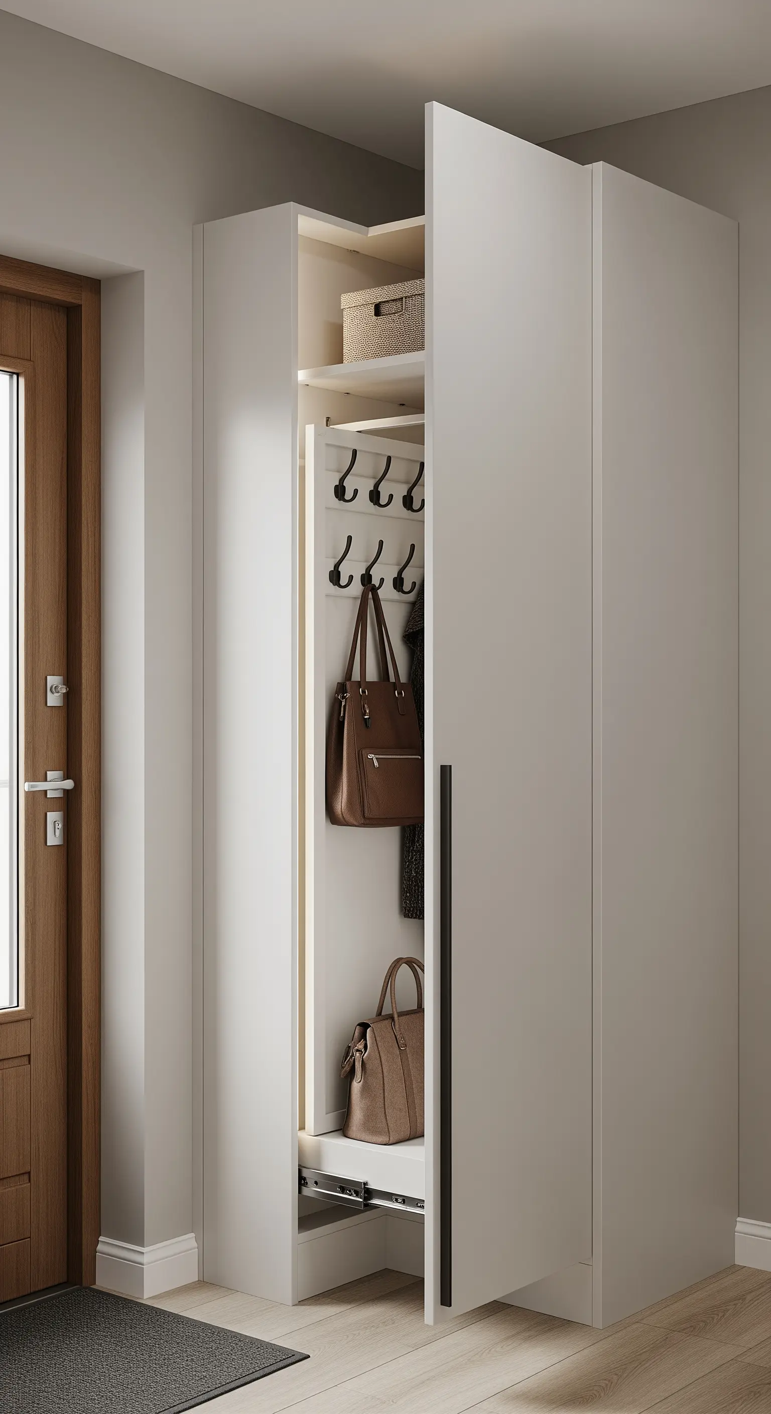 Armadio a colonna con vano appendiabiti a vista, luce LED e cassetto portascarpe.