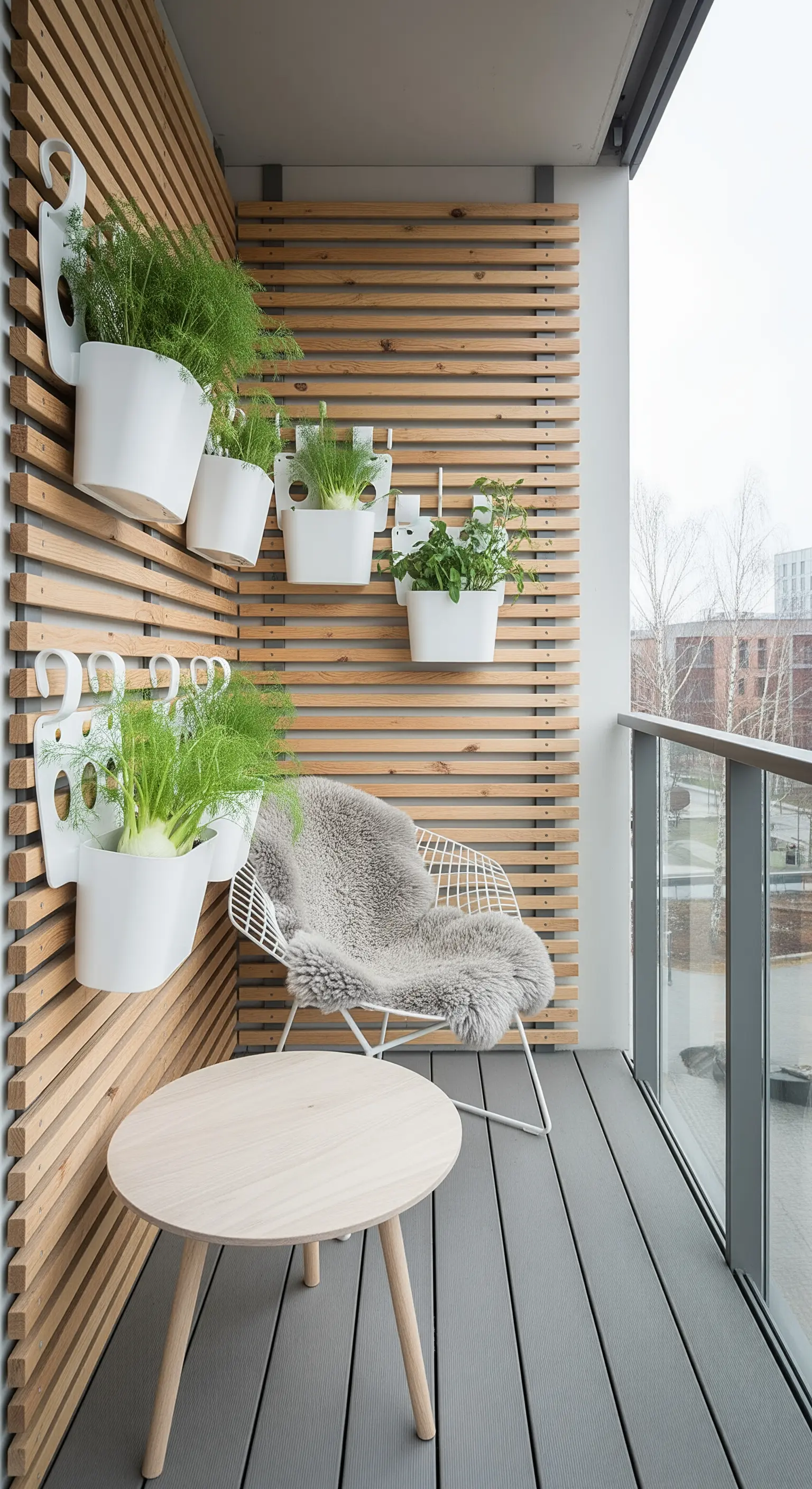 Parete di un balcone rivestita con listelli di legno e vasi bianchi sospesi.