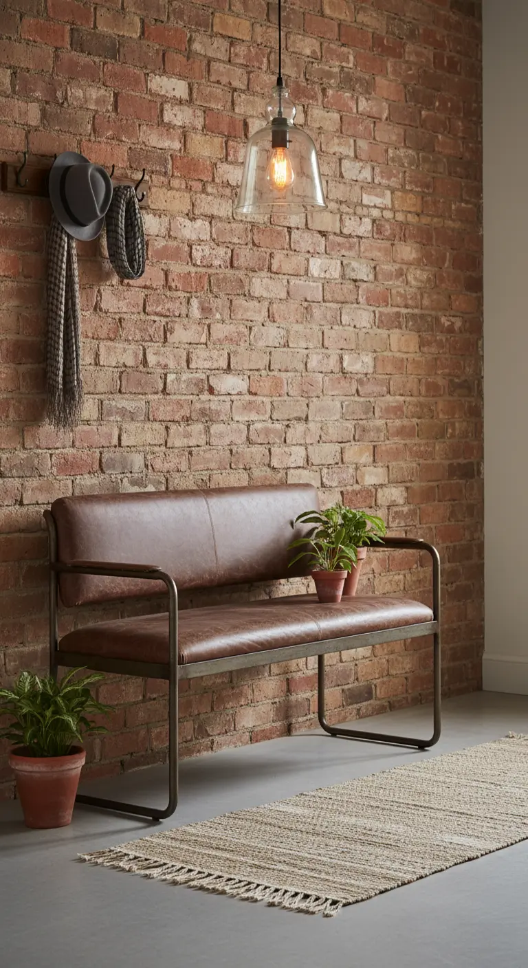 Panca in ecopelle e metallo contro un muro di mattoni rossi con appendiabiti.