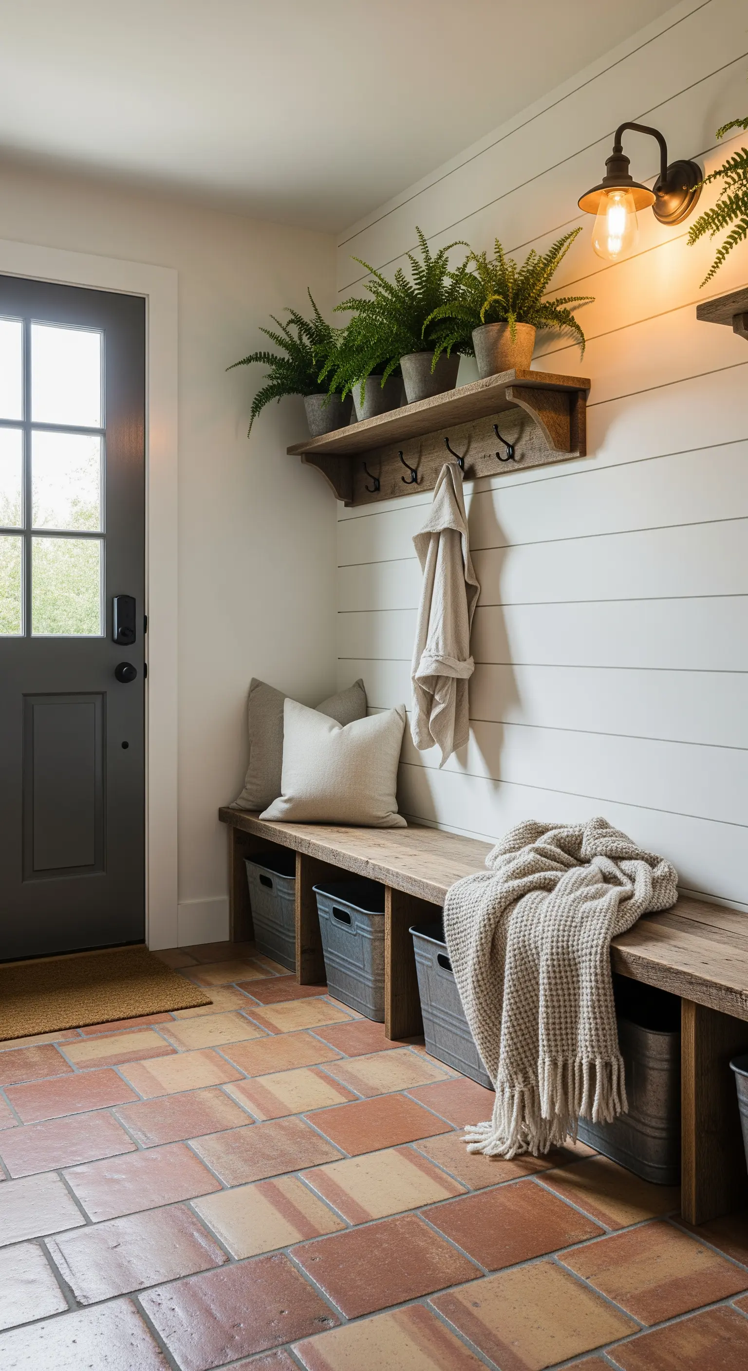 Ingresso funzionale con panca in legno, cesti contenitori e mensola con piante di felce.