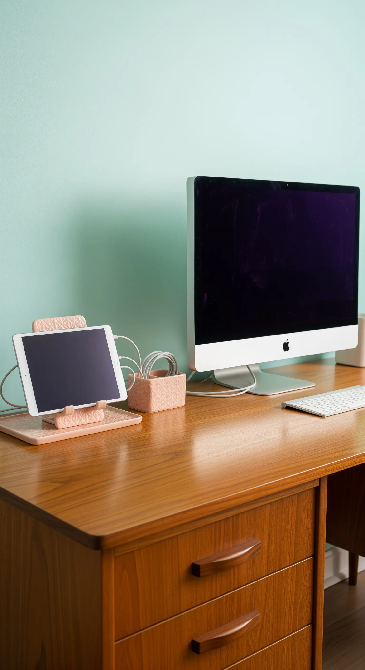 Dettaglio di un organizer per tablet e cavi in ceramica rosa su una scrivania in legno.